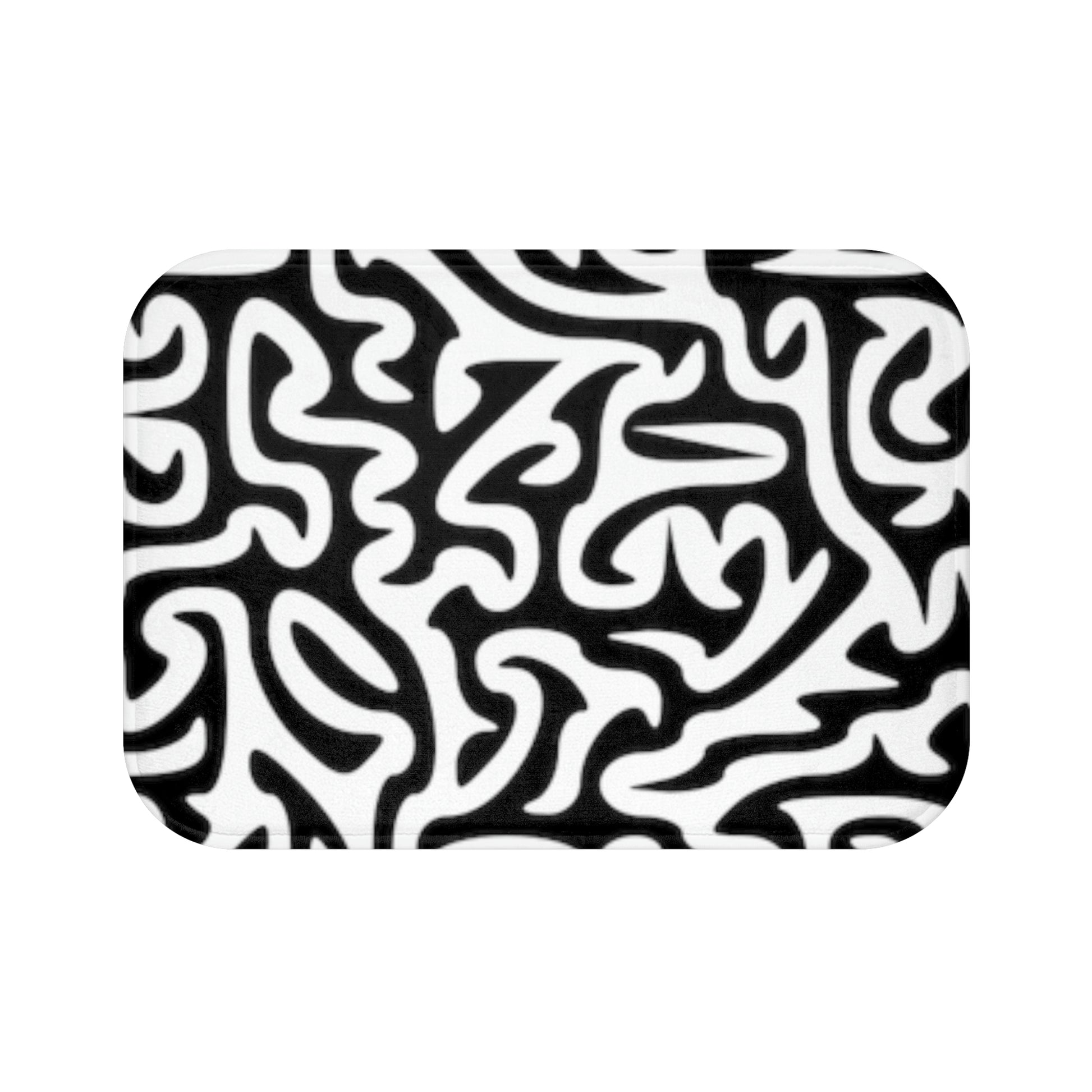 Maze Black and White. Bath Mat. Size: 24"x17". Price: $65.00. Custom Artwork. Unique Whimsical Flare. Vivid Colors. Great for every Bathroom. After bubble bath , standing on bath mat. Softness for your feet. Adding a Splash of Color against your floors!