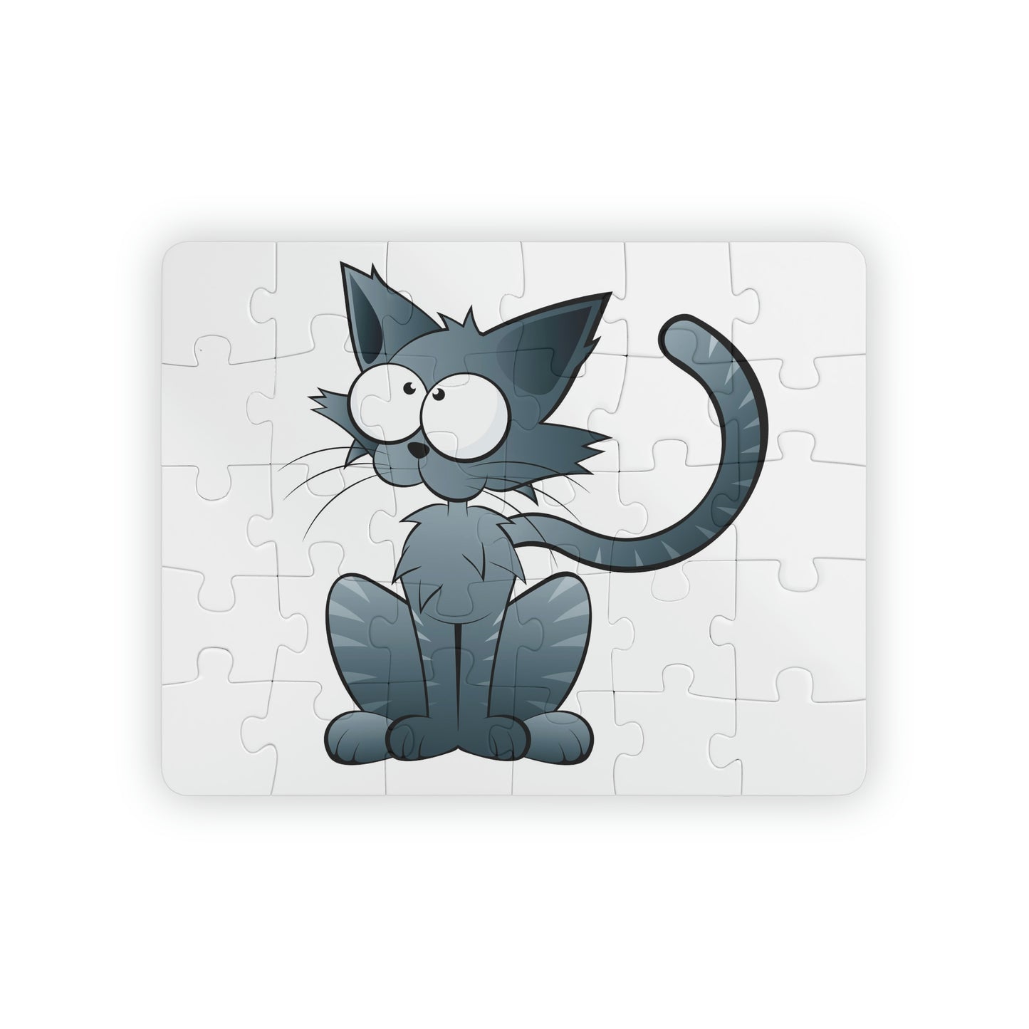 Cat with large Eyes. Jigsaw Puzzle. Custom Artwork. Unique Whimsical Flare. Vivid Colors. Great to play with family and friends. Take along on family vacations, traveling, sleepovers and grandma's house. having Fun all day long!