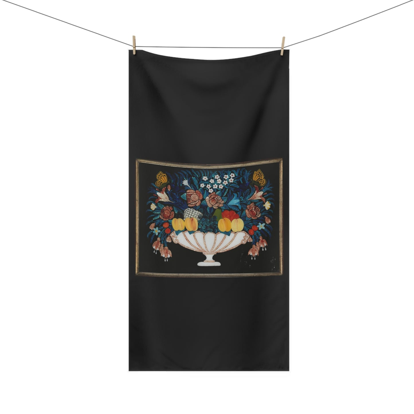 Toalla de baño con fondo negro de frutas, impecable