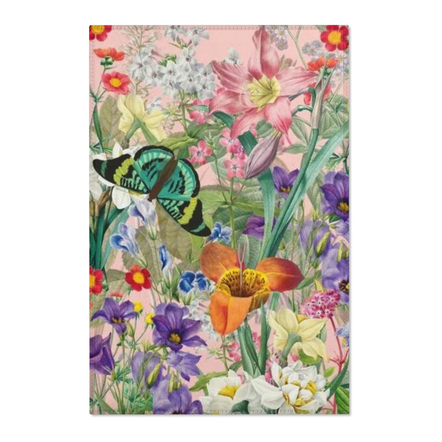 Butterfly Flower Garden. Area Rugs. Custom Artwork. Unique Whimsical Flare. Vivid Colors. Great to have in every room of your home and business. Definitely a Splash of Color! Soft against your bare feet. Wonderful Gift!