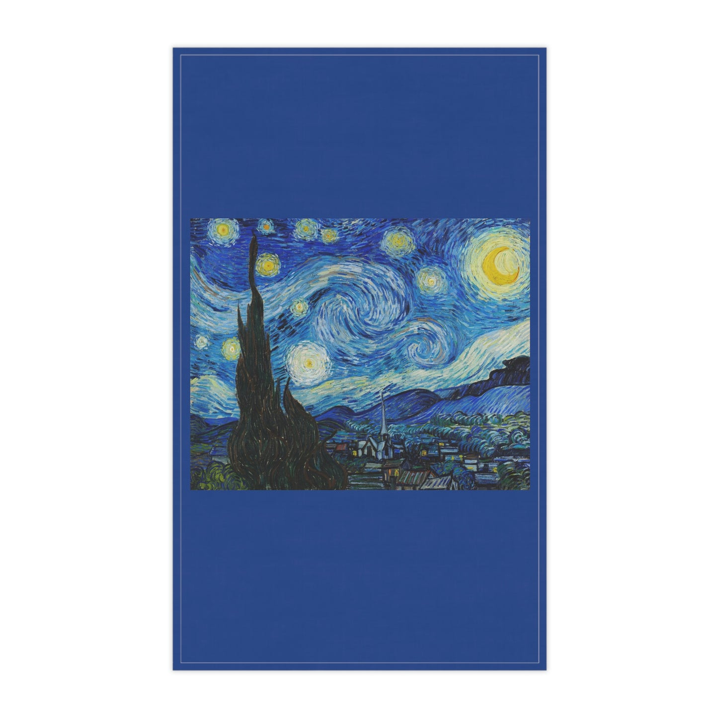 The Starry Night (1889) Vincent van Gogh. Kitchen Towel. Custom Artwork. Unique Whimsical Flare. Vivid Colors. Great to have in your kitchen. Soft against your skin. Adding a splash of color. Cleaning up spills off the counter and floors. Drying your hands and drying the dishes.