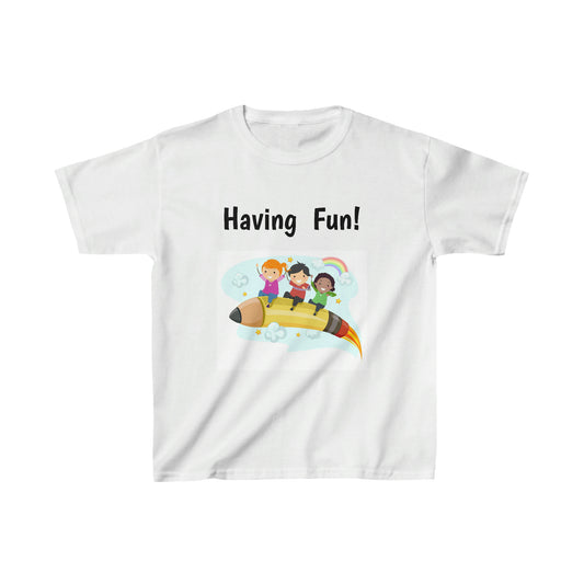 Having Fun! Children Heavy Cotton T-shirt. Sizes Extra Small through Extra Large. Price: $21.00. Custom Artwork. Unique Whimsical Flare. Vivid Colors. All Children of the World can wear T-shirts. Looking great at the Playground, School, Church, Museum, Zoo and Grandma's House!