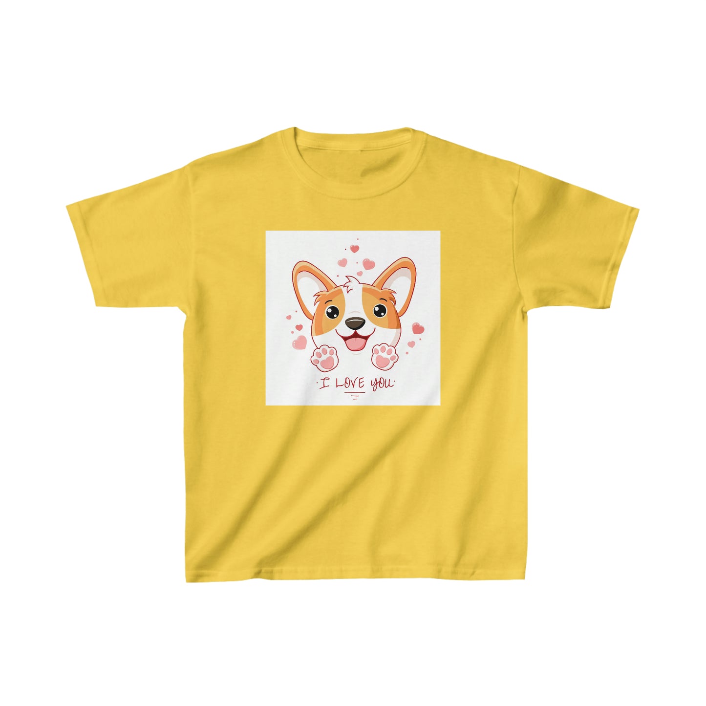 Cute Dog I Love You. Youth T-shirt. Custom Artwork. Unique Whimsical Flare. Vivid Colors. Boys and Girls will Absolutely Love this T-shirt. Looking Great at school, movies, bowling, hiking, and Grandma's house.