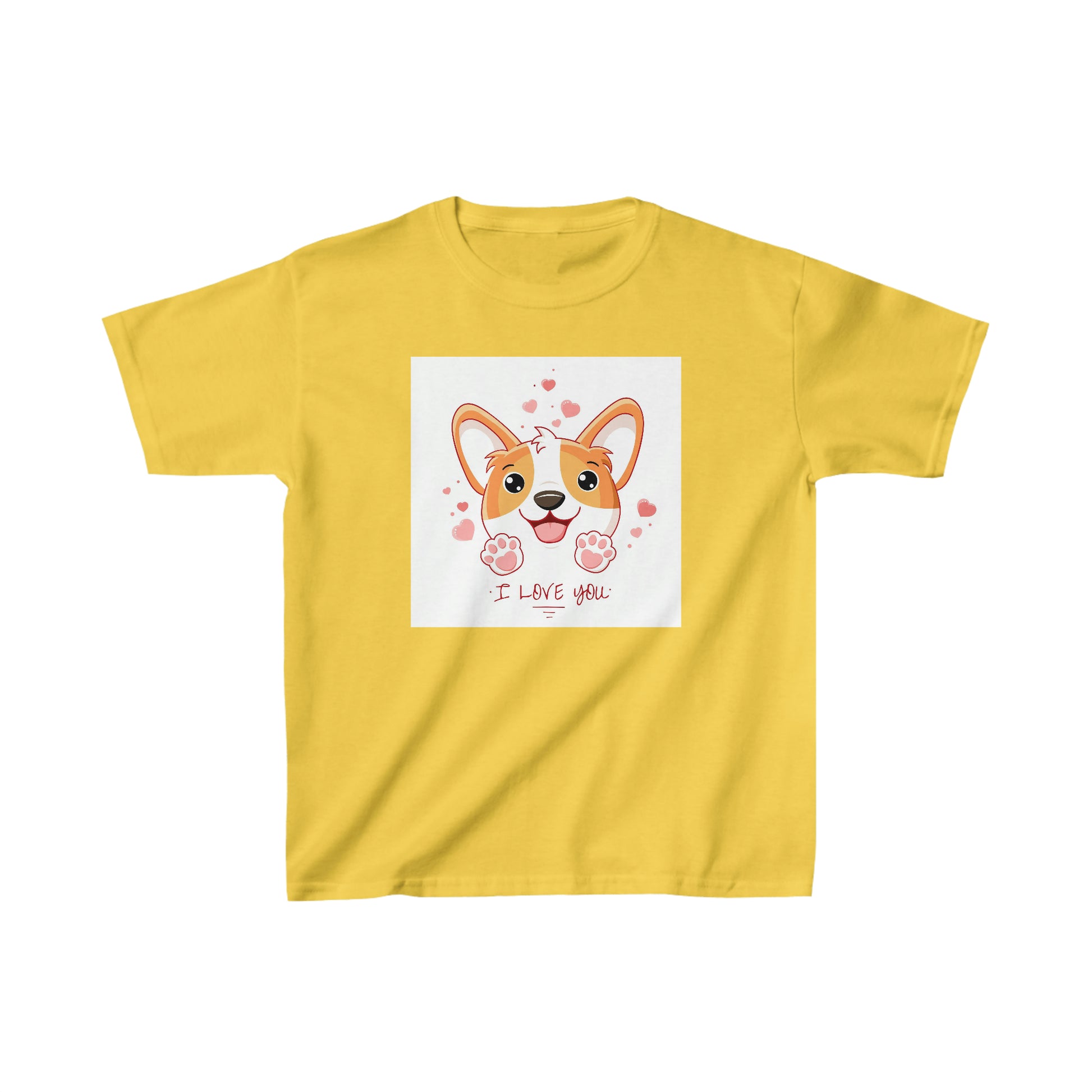 Cute Dog I Love You. Youth T-shirt. Custom Artwork. Unique Whimsical Flare. Vivid Colors. Boys and Girls will Absolutely Love this T-shirt. Looking Great at school, movies, bowling, hiking, and Grandma's house.