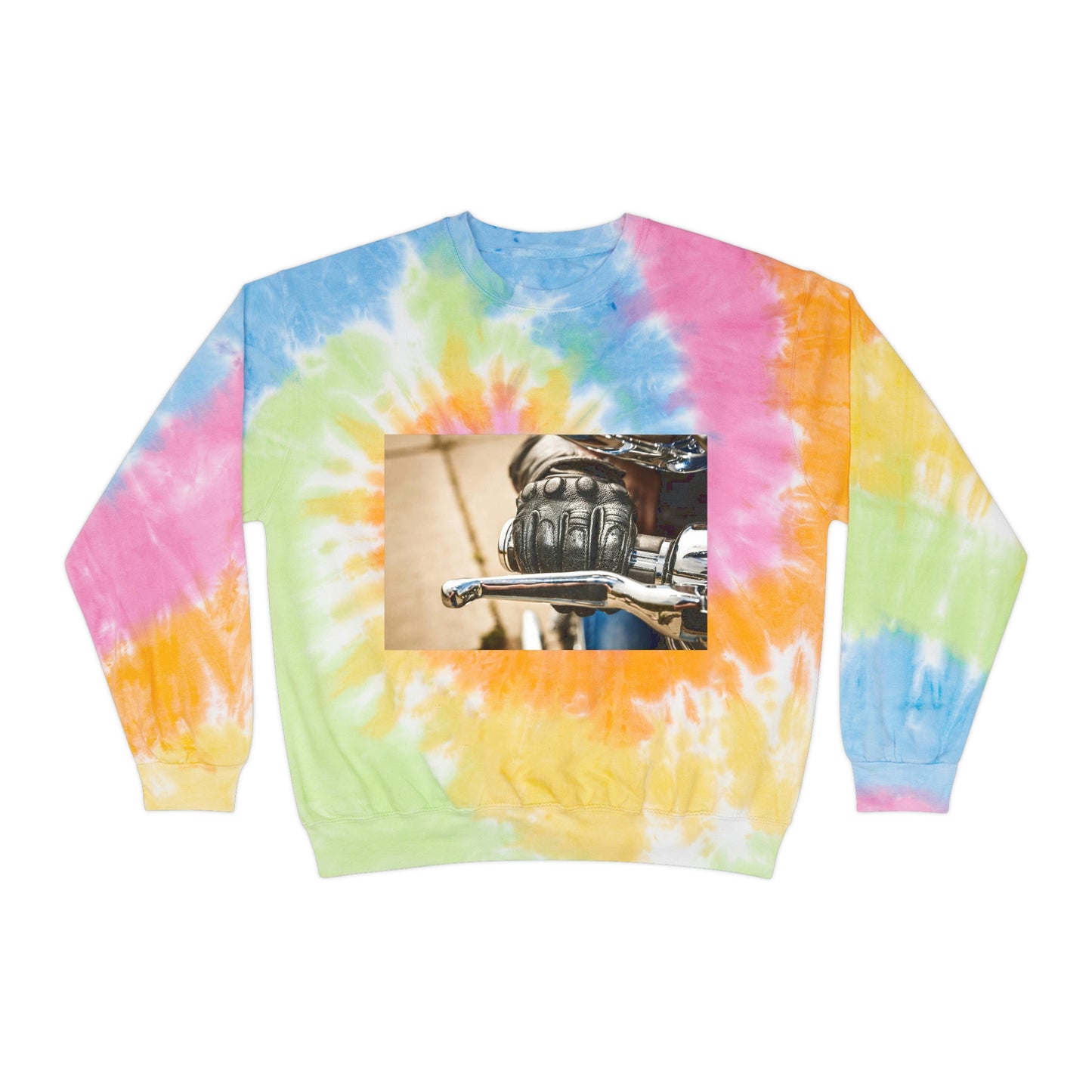 Throttle of Motorcycle. Unisex Tie-Dye Sweatshirt.  Custom Artwork. Unique Whimsical Flare. Vivid Colors. Soft against your skin. Cozy and Warm. Comfortable to wear every day of the week. Let's stay home and watch TV all day long. Having Fun!
