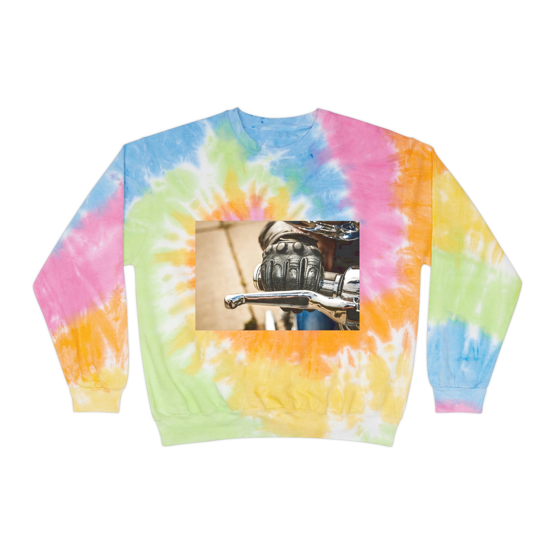 Throttle of Motorcycle. Unisex Tie-Dye Sweatshirt.  Custom Artwork. Unique Whimsical Flare. Vivid Colors. Soft against your skin. Cozy and Warm. Comfortable to wear every day of the week. Let's stay home and watch TV all day long. Having Fun!