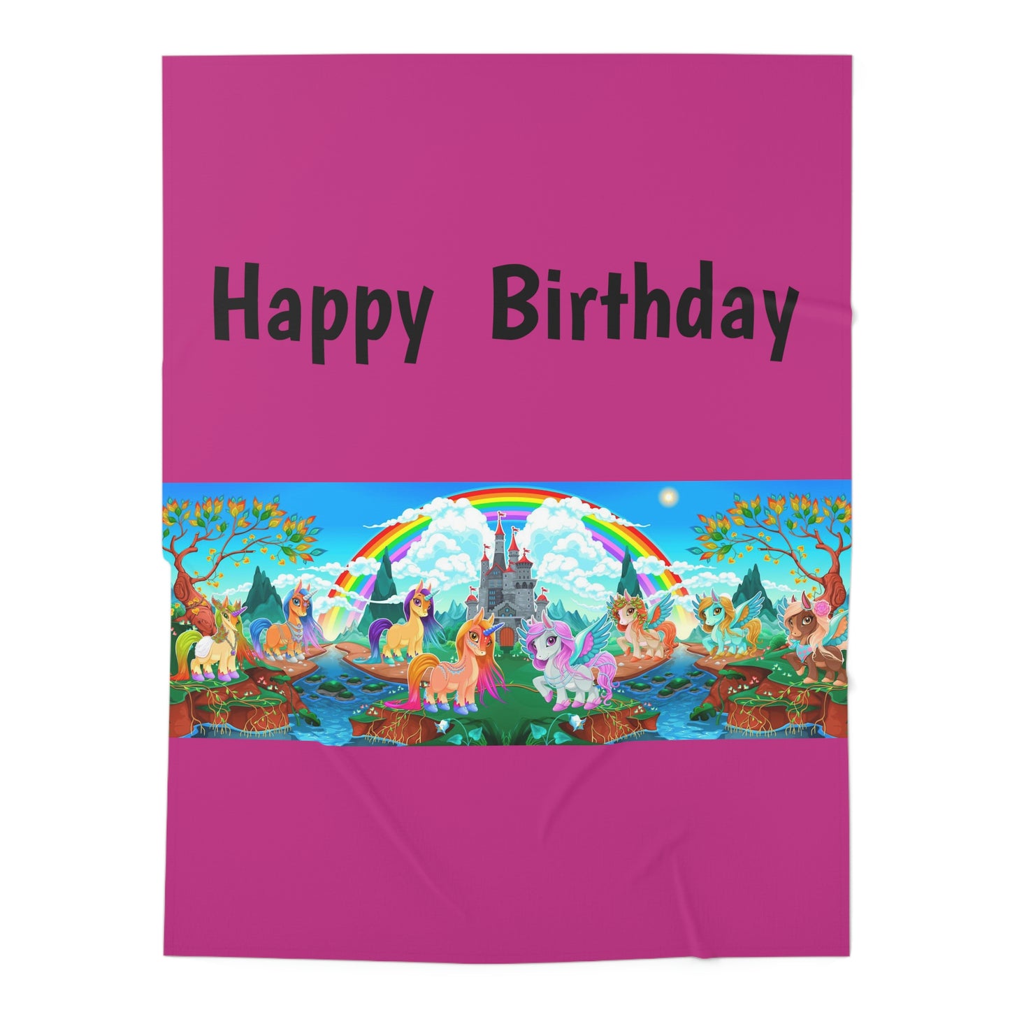30 in x 40 in. Pink Blanket. 8 Unicorns, castle, colorful rainbow. Custom Artwork. Unique Whimsical Flare Vivid Colors. Soft against your infant's skin. Cozy and Comfortable to use every day of the week. Great for Traveling. and having Sleepy Dreams.