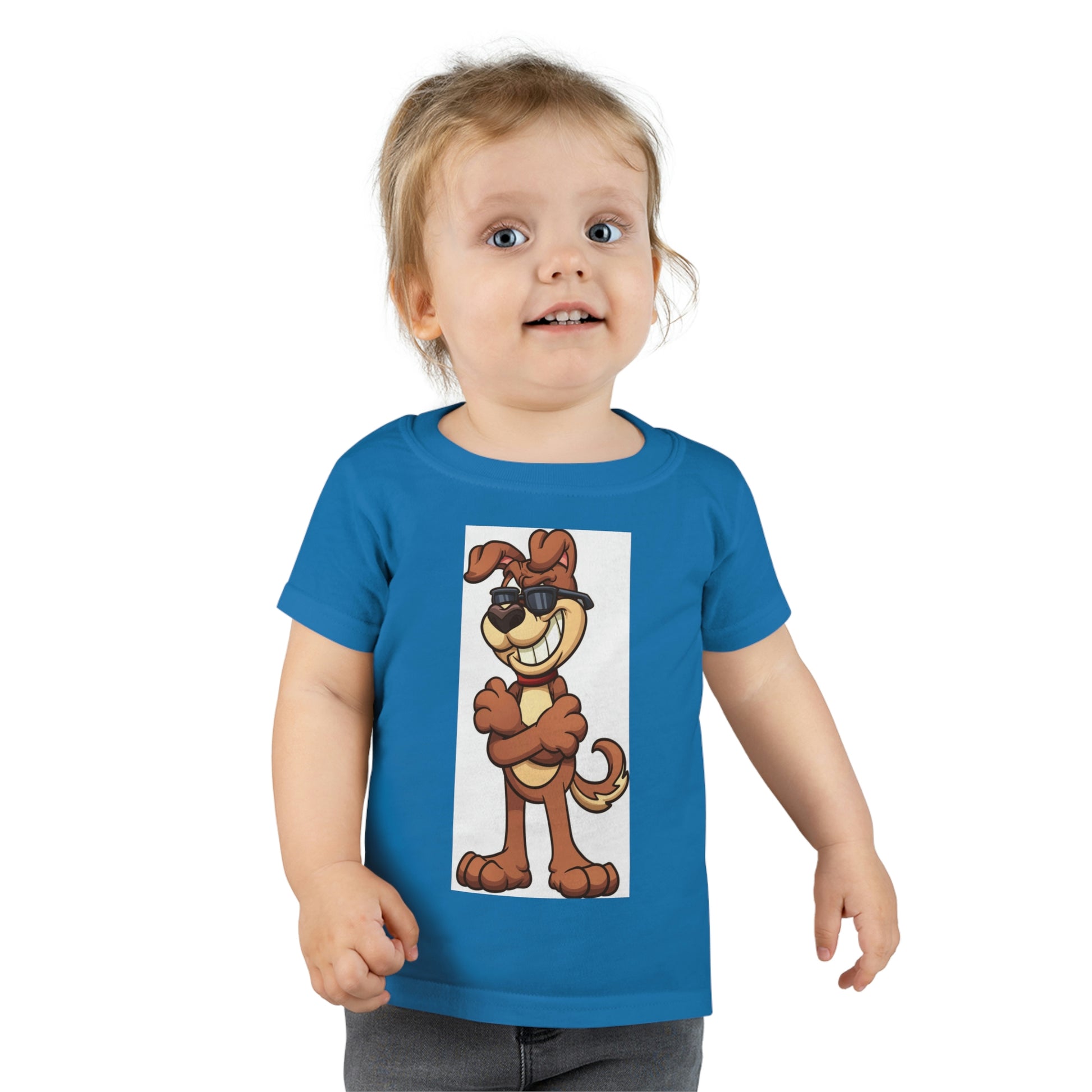 Smiling Dog with Sunglasses. Toddler T-shirt.  Sizes: 2 Toddler through 6 Toddler. Soft against your skin. Comfortable to wear every day of the year. Children will love this T-shirt! Looking Cute at Grandma's!