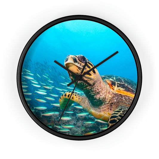 Turtle in Ocean. Wall Clock. Custom Artwork. Unique Whimsical Flare. Vivid Colors. Great to have in every room of your home and business. Looks Fabulous on the wall, definitely a splash of color. Such a Wonderful Gift!