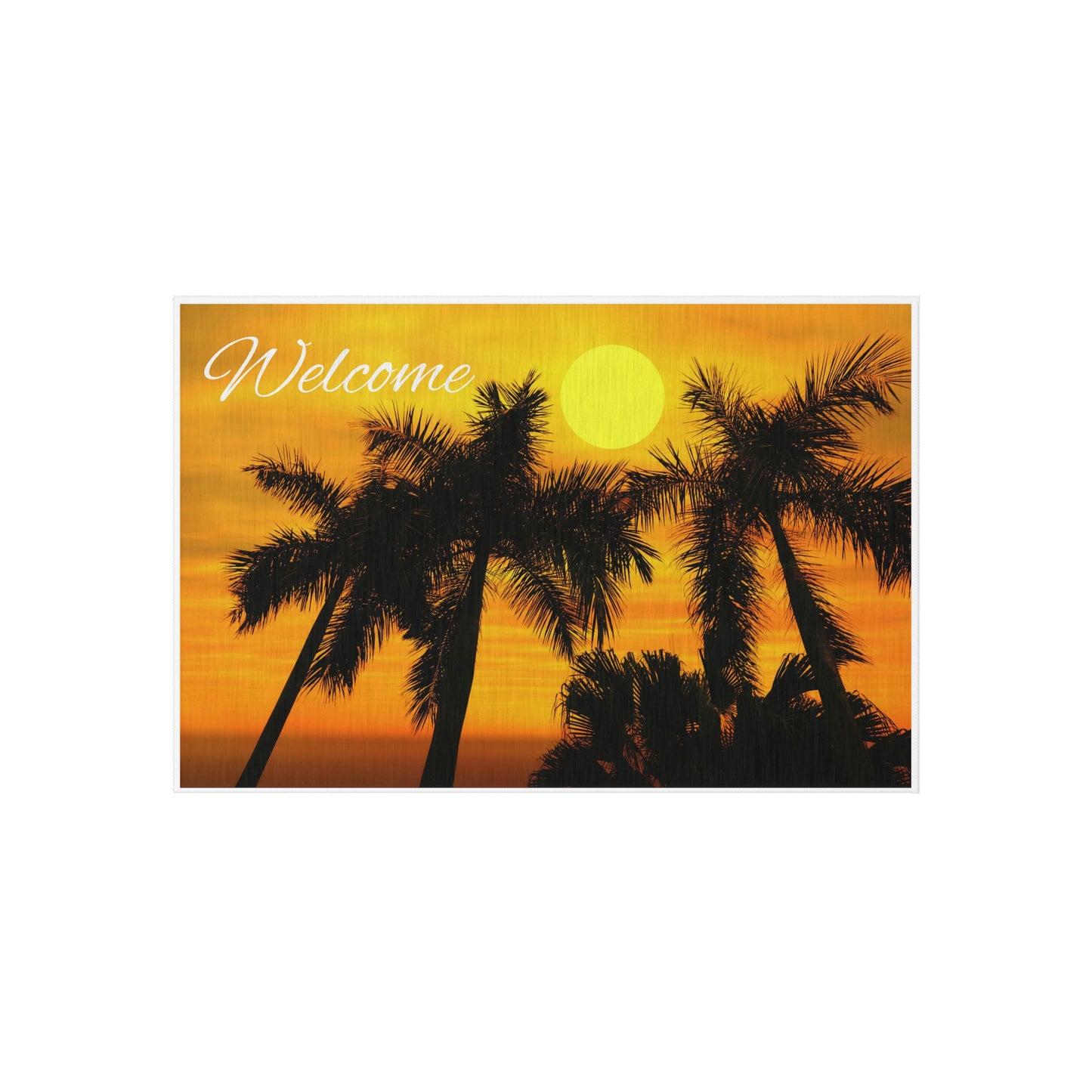 Welcome Palm Trees Sunset. Outdoor Rug. Custom Artwork. Unique Whimsical Flare. Vivid Colors. Great to have on your back porch and front door. Splashy Color! Soft against your bare feet. Children and your Pets will love Playing on this Rug!