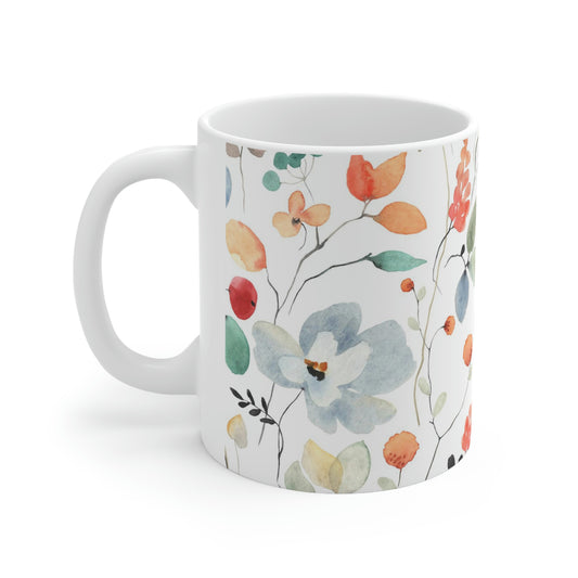 Ceramic Mug 11 oz. Wildflowers. Custom Artwork. Unique Whimsical Flare. Vivid Colors. Decorative Colors. Filling your Mug with Hot Coffee, Sweet Tea, Water, Soda, Ice Cream, Soup or Peach Cobbler. Having Fun! Relaxing the day away!
