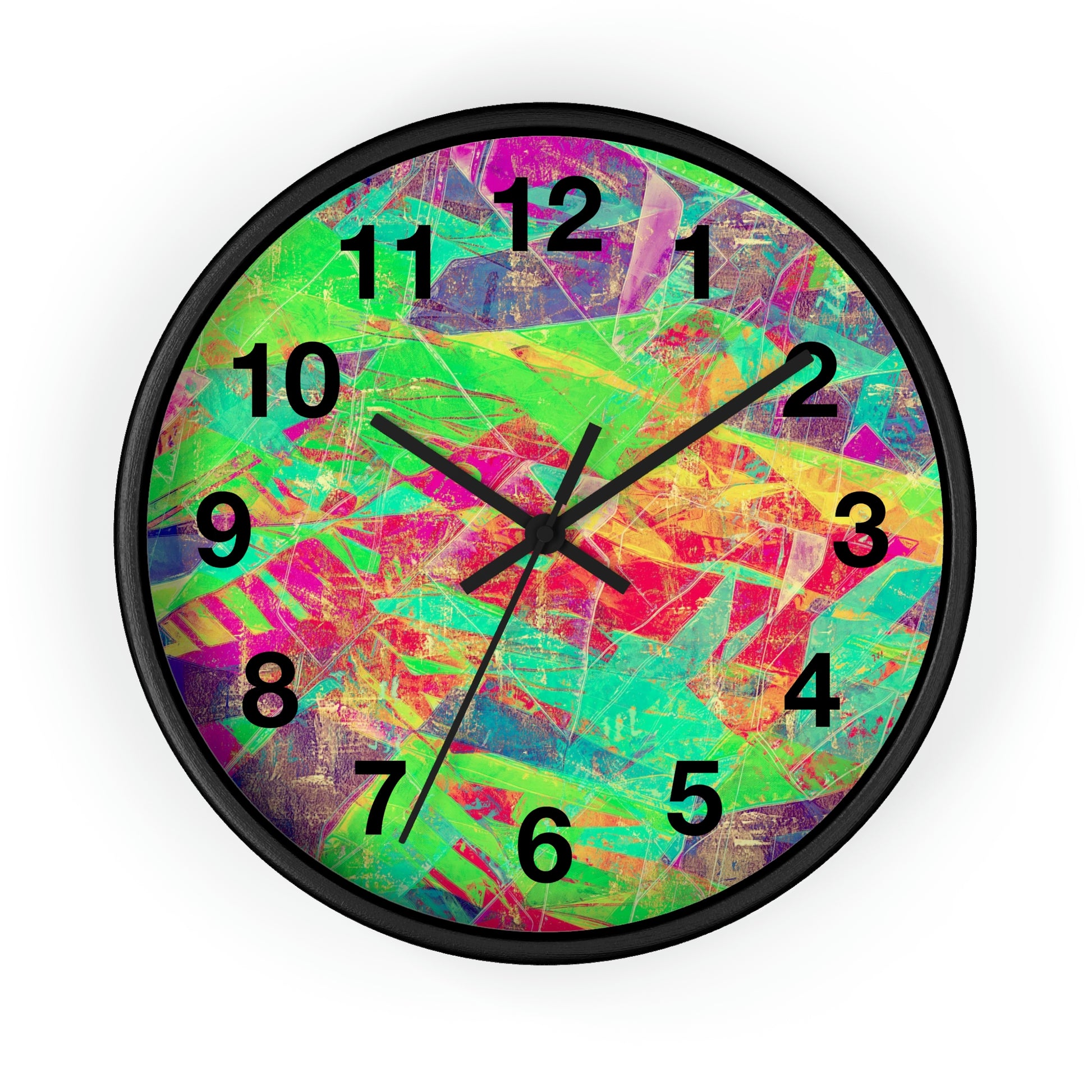 Pink. green, yellow and purple. Wall Clock. Custom Artwork. Unique Whimsical Flare. Vivid Colors. Great for your home and business. Looks fabulous on the walls, definitely a splash of color. Now I won't be late for work. Such a wonderful Gift!