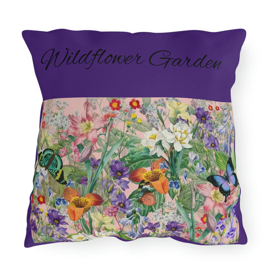 Butterfly Wildflower  Garden  with Purple. Outdoor Pillow. Custom Artwork. Unique Whimsical Flare. Vivid Colors. Pillows are cozy and comfortable. Relaxing the day away. 