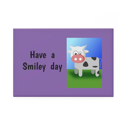 2" x 3" Size. Refrigerator Magnet. Purple, Cow. Have a Smiley Day. Custom Artwork. Unique Whimsical Flare. Vivid Colors. Great for Homes and Businesses. Add magnet to refrigerators showing off your children pictures, invoices, itinerary or special messages.