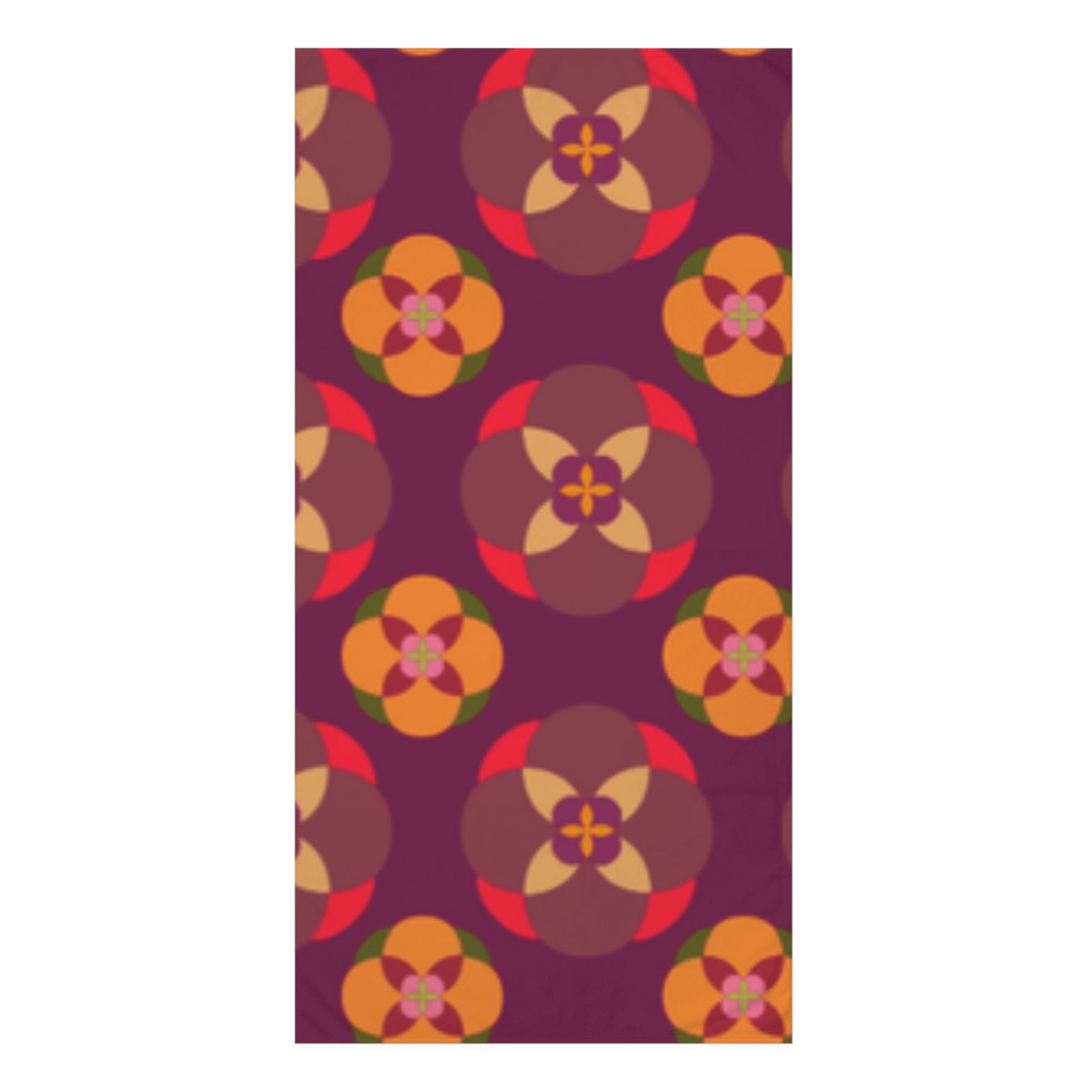 Purple  with circles. Bath Towel. Custom Artwork. Unique Whimsical Flare. Vivid Colors. Great to use in every bathroom of your home and business. Soft against your skin. Adding a Splash of Color. Towel off after a bubble bath or shower. Squeaky Clean.