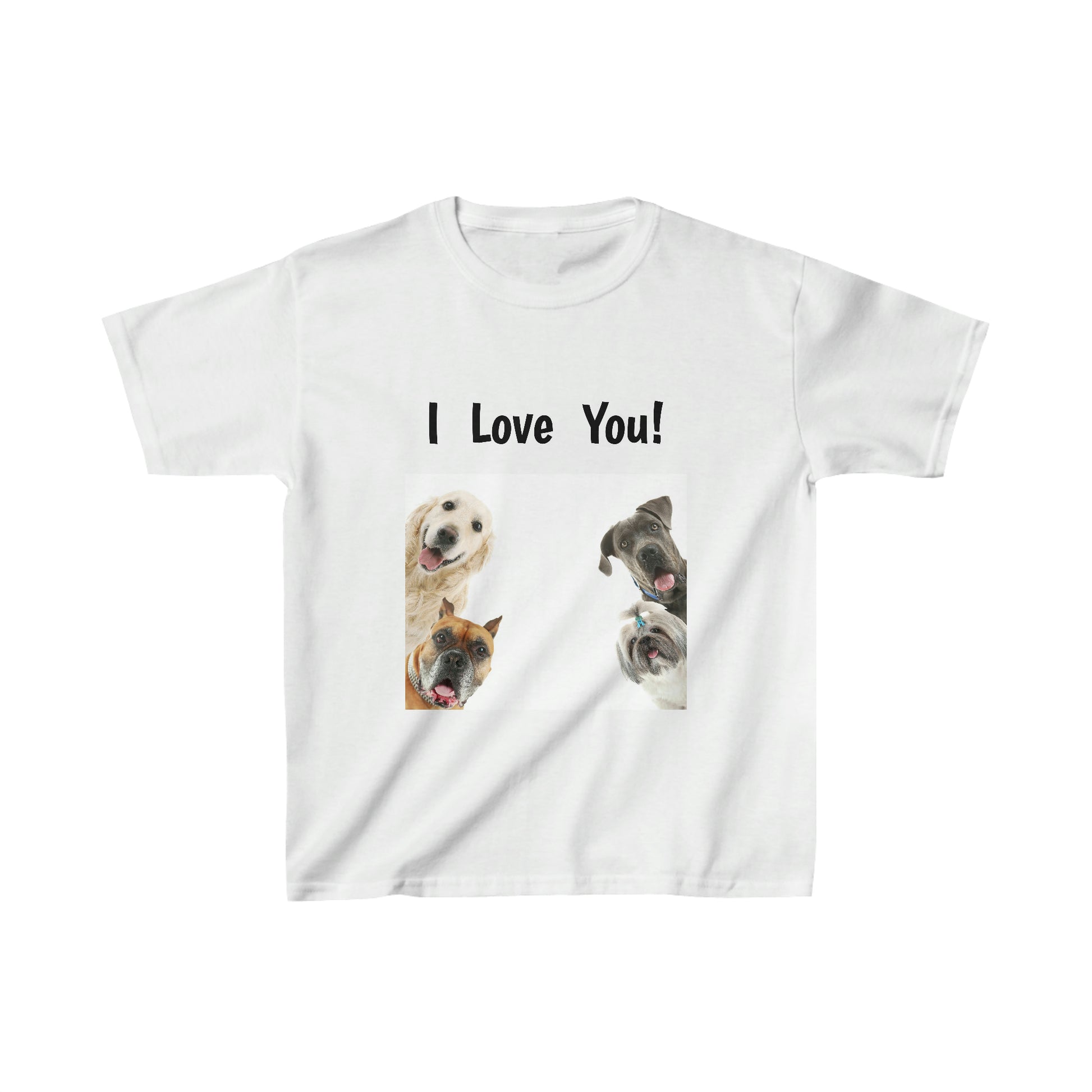 I Love You! Four Dogs. Children Heavy Cotton T-shirt. Sizes: Extra Small Through Extra Large. Price: $21.00. Custom Artwork. Unique Whimsical Flare. Vivid Colors. All Children of the World can wear T-shirts. Looking Cute at the Playground, School, Church, Museums, Zoo, and Grandma's House.