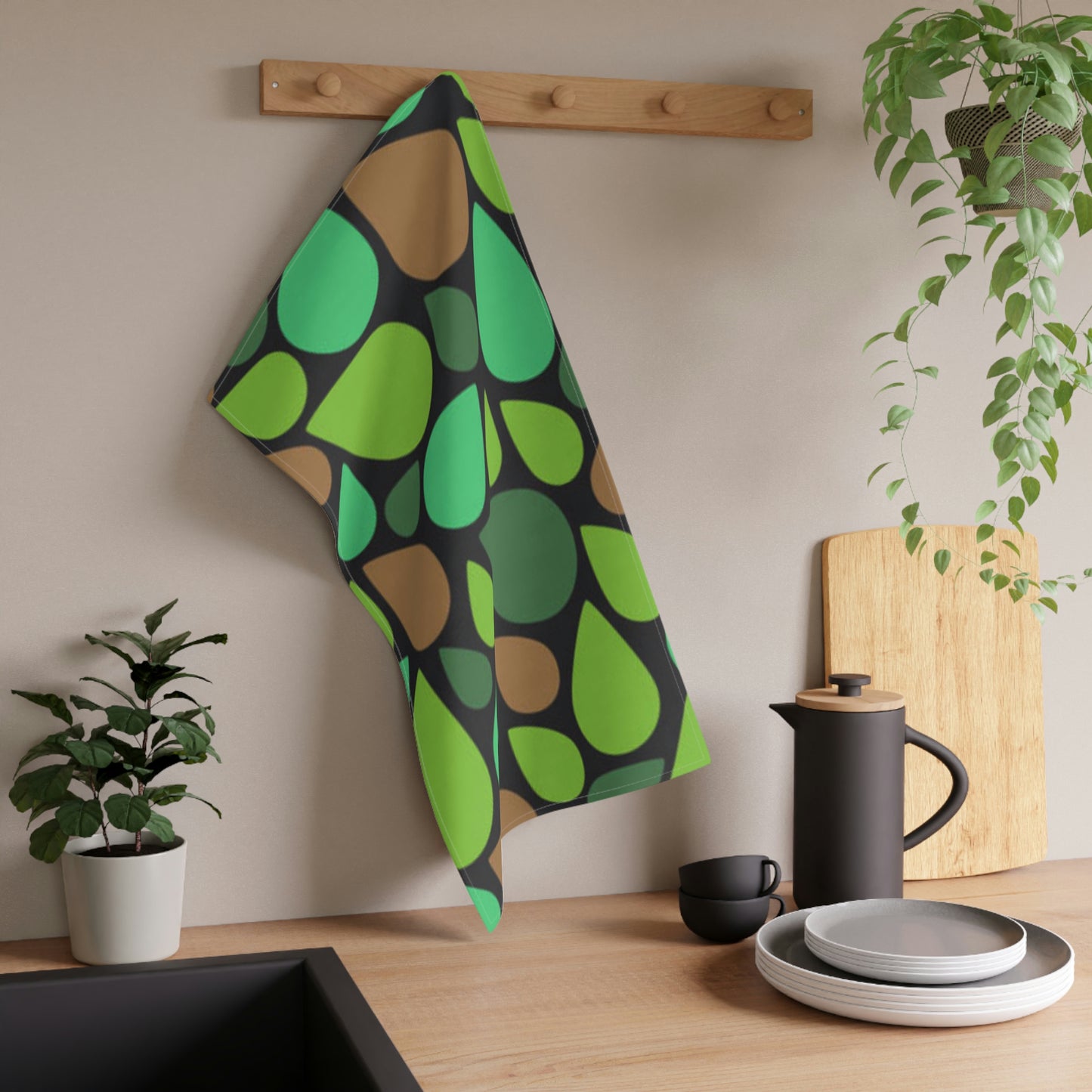 Green Brown Teardrops Kitchen Towel Love Cooking!