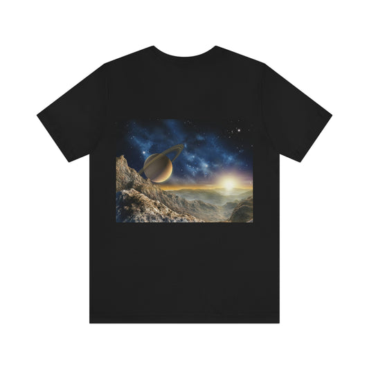 Saturn Galaxy. Unisex Jersey Short Sleeve T-shirt. Sizes: Small through 3 Extra large. Price: $35.00 each. Custom Artwork. Unique Whimsical Flare. Vivid Colors. Great for Men, Women and Children. Soft against your skin. Comfortable to wear every day of the year. I love the quality and fit. 