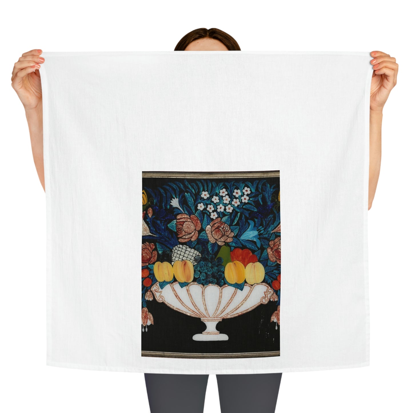 Fruit on a Black Background Kitchen Towel Love Cooking!