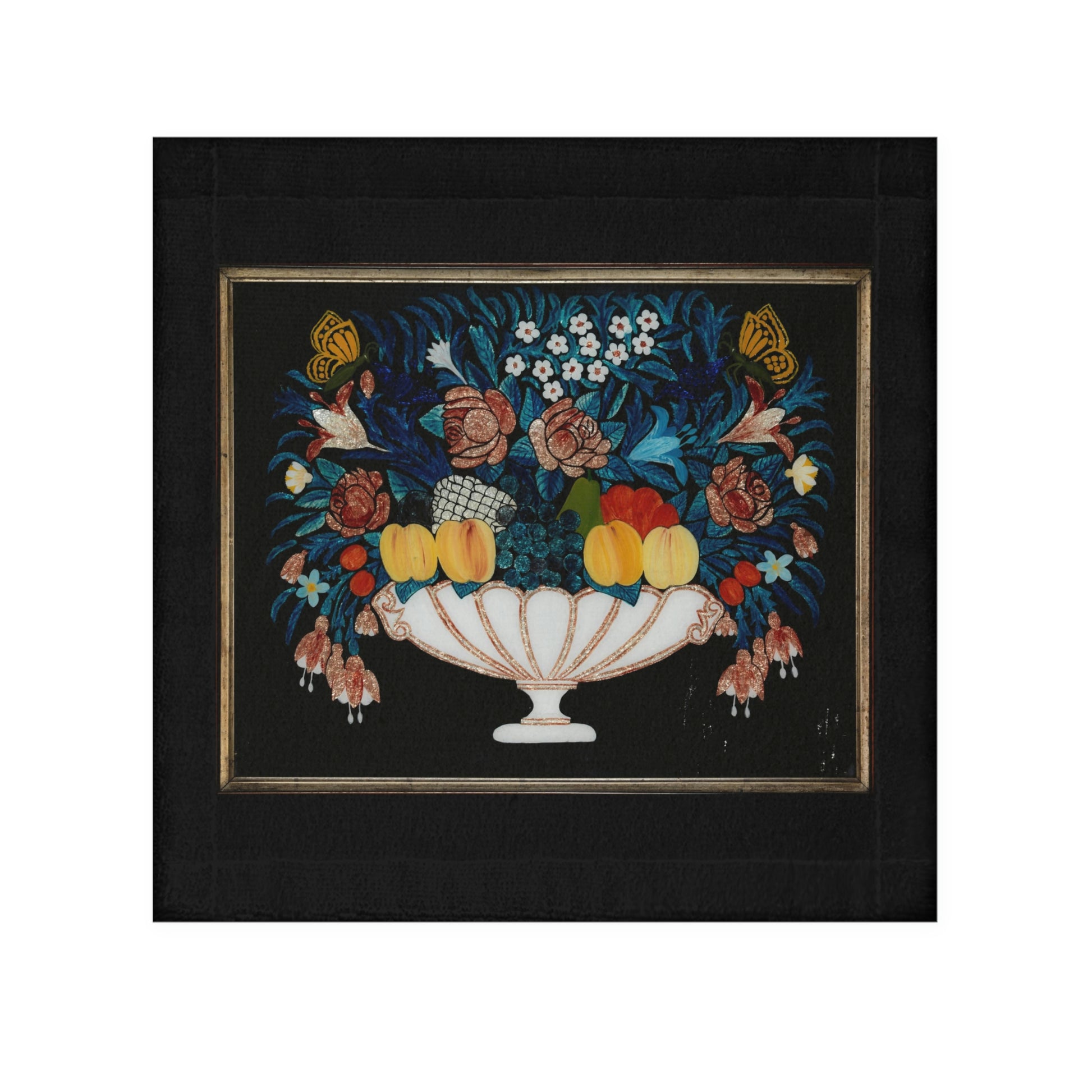 Fruit on a black background. Face Towel. Custom Artwork. Unique Whimsical Flare. Vivid Colors. Great for every bathroom in your home and business. Soft against your skin. Adding a splash of color. Towel  off after a bubble bath or shower. Keeping you squeaky clean!