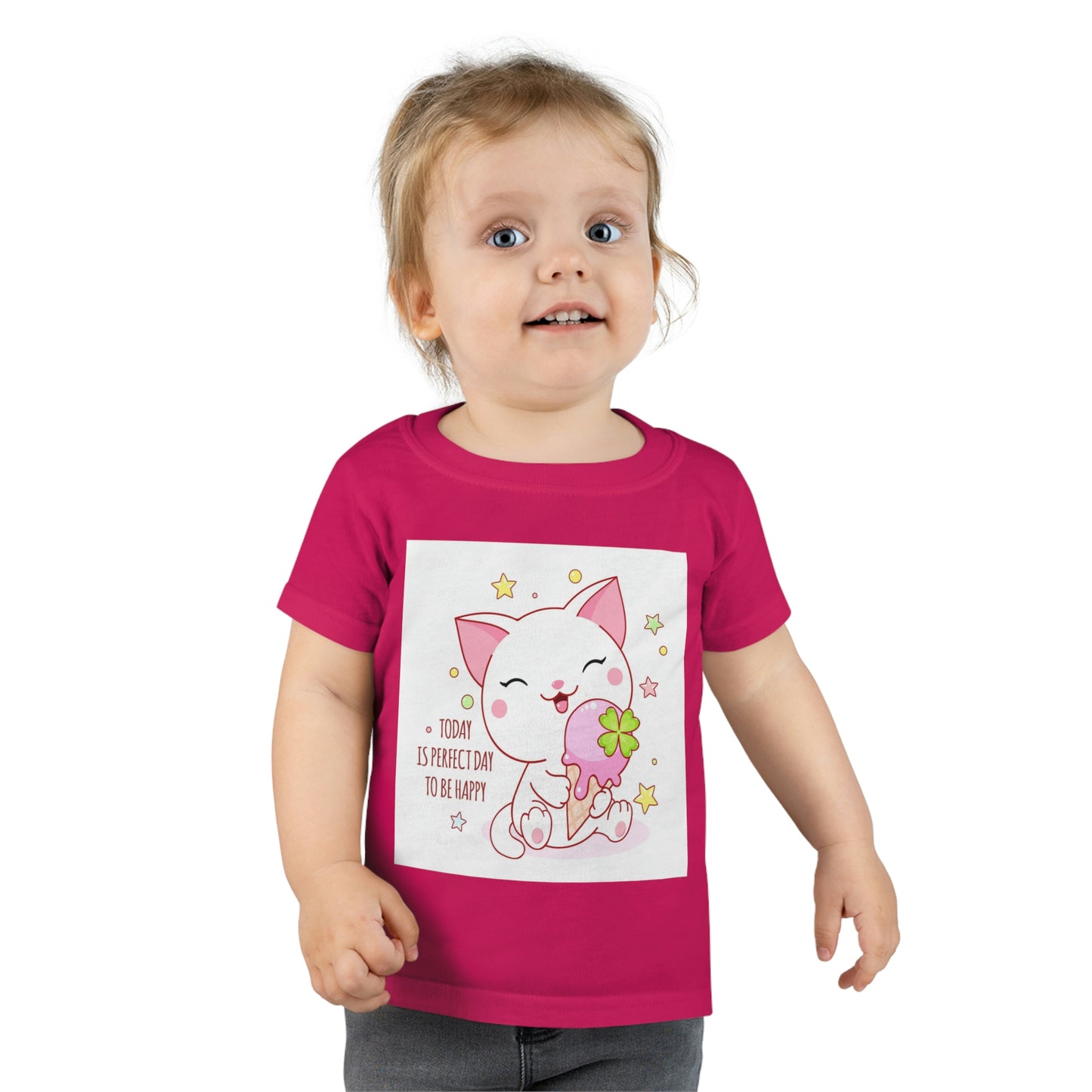 Kitty Cat with Ice Cream Cone. Toddler T-shirt.  Custom Artwork. Unique Whimsical Flare. Vivid Colors. Sizes: 2 Toddler through 6 Toddler.  Custom Artwork. Unique Whimsical Flare. Vivid Colors.  Children will love the soft fabric against their skin. Comfortable to wear every day of the week. Looking at the Birthday Party!