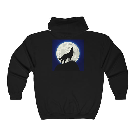 Wolf howling at Night. Unisex Heavy Blend Full Zip Hooded Sweatshirt.  Size: Small through 3 Extra Large. Price: $57.00.  Color: Black. Custom Artwork. Unique Whimsical Flare. Vivid Colors. Soft against your skin. Keeping you warm and cozy. Comfortable to wear every day pf the week. Let's  Go on a Road Trip Together!