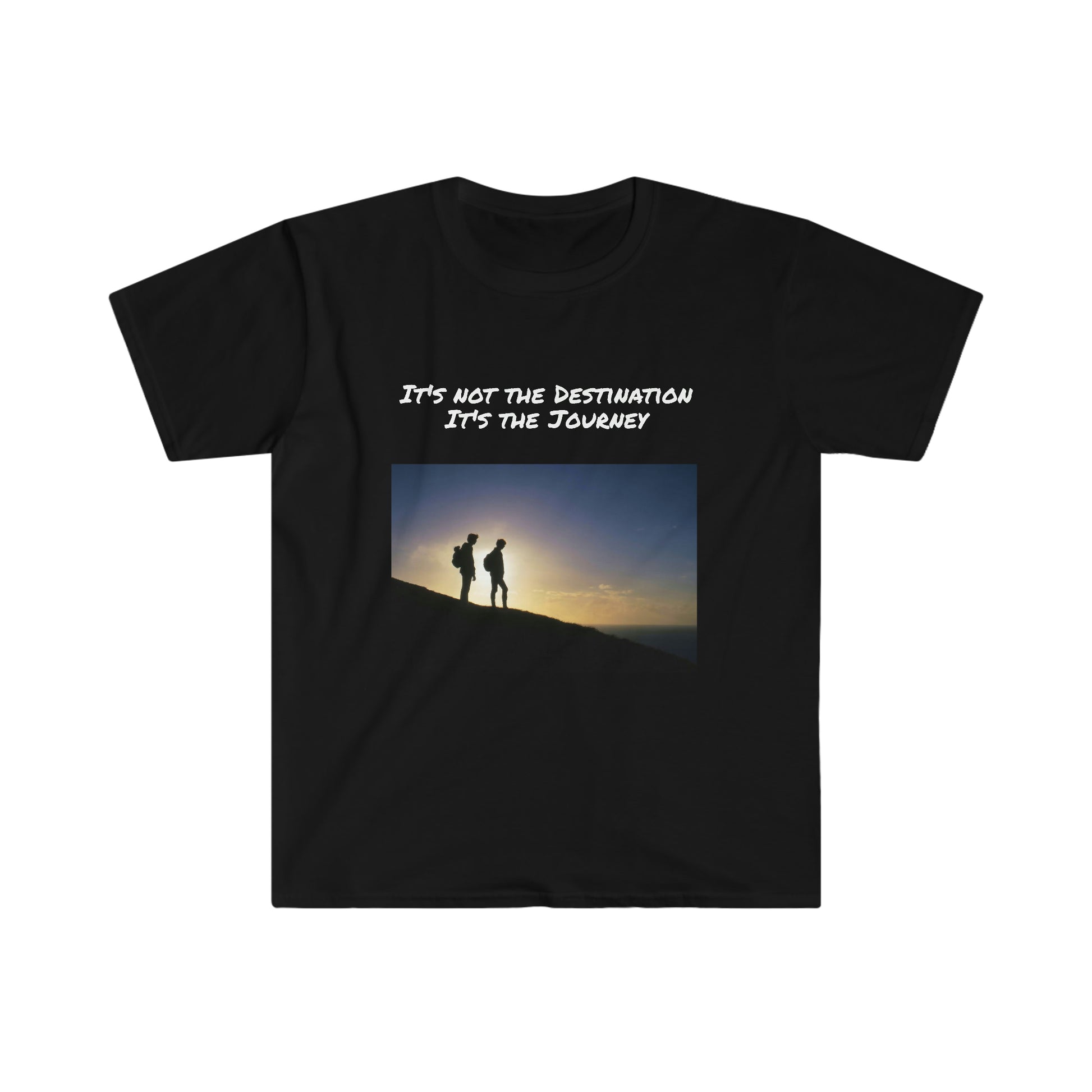 Hiking Mountains. It's Not The Destination, It's The Journey. T-shirt. Custom Artwork. Unique Whimsical Flare. Vivid Colors. Great for Men, Women and Children. Soft against your skin. Comfortable to wear everyday of the week. I love quality and fit. Looking Fabulous at work, relaxing, traveling, and hiking. Such a  Wonderful Gift!