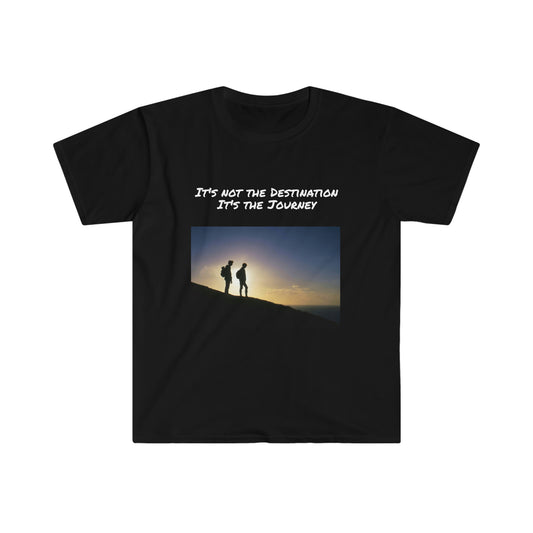 Hiking Mountains. It's Not The Destination, It's The Journey. T-shirt. Custom Artwork. Unique Whimsical Flare. Vivid Colors. Great for Men, Women and Children. Soft against your skin. Comfortable to wear everyday of the week. I love quality and fit. Looking Fabulous at work, relaxing, traveling, and hiking. Such a  Wonderful Gift!