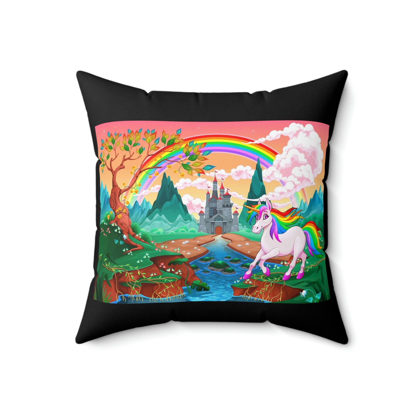 Coussin carré avec motif de château arc-en-ciel et licorne, idéal comme cadeau pour une chambre d'enfant