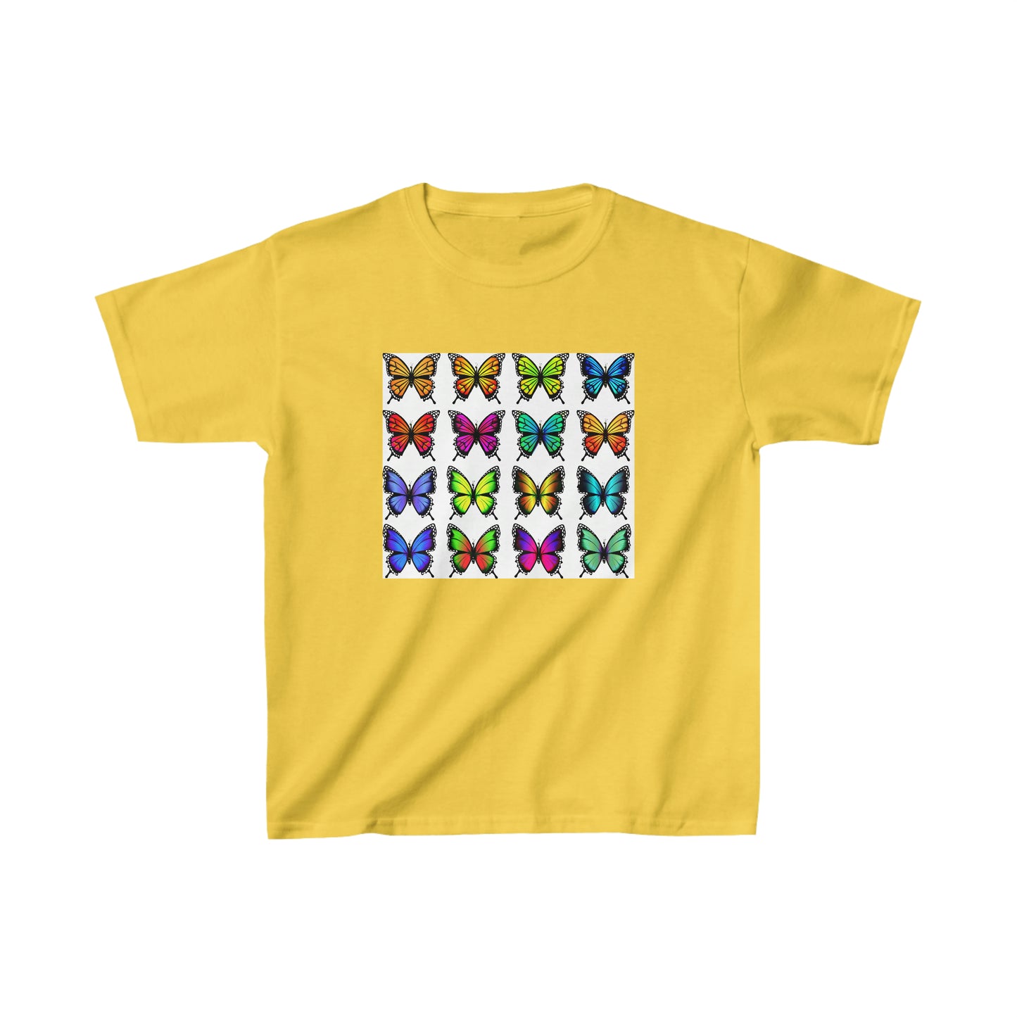 Colorful Butterflies. Youth T-shirt. Custom Artwork. Unique Whimsical Flare. Vivid Colors. Boys and Girls will Absolutely love this T-shirt. Soft against their skin. Comfortable to wear every day of the week. Looking Stylist at school, park, movies, bowling, hiking and going to Grandma's house. Such a Wonderful Gift!