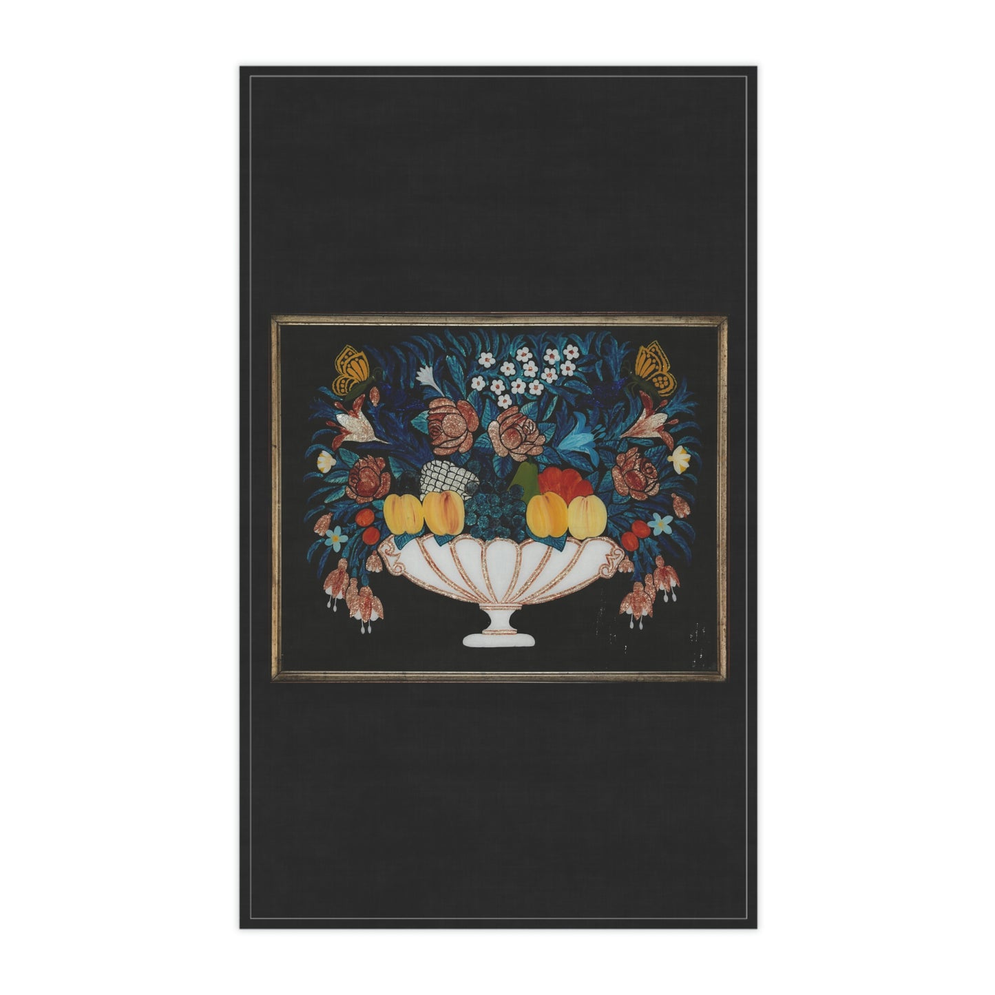 Fruit on a black background. Kitchen Towel. Custom Artwork. Unique Whimsical Flare. Vivid Colors. Great to clean up spills in the kitchen, drying your hands, drying the dishes and using as place mat. 