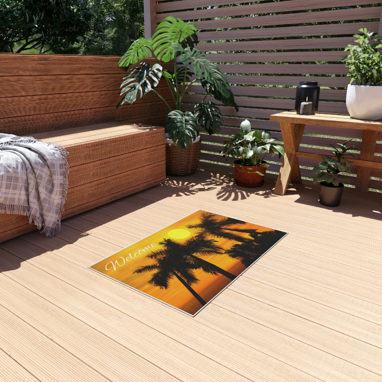 Alfombra de exterior Welcome Palm Trees Sunset ¡Me encanta mi regalo!