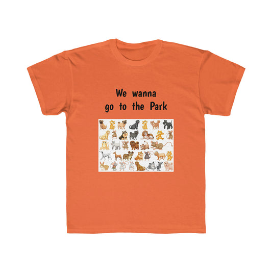 We wanna go to the park, Dogs. Children Short Sleeve T-shirt.  Price: $24.00. Sizes: Small through Extra Large. Custom Artwork. Unique Whimsical Flare. Vivid Colors. Soft against your skin. Comfortable to wear every day of the week. Looking Cute at Grandma's house, School and on Vacation. 