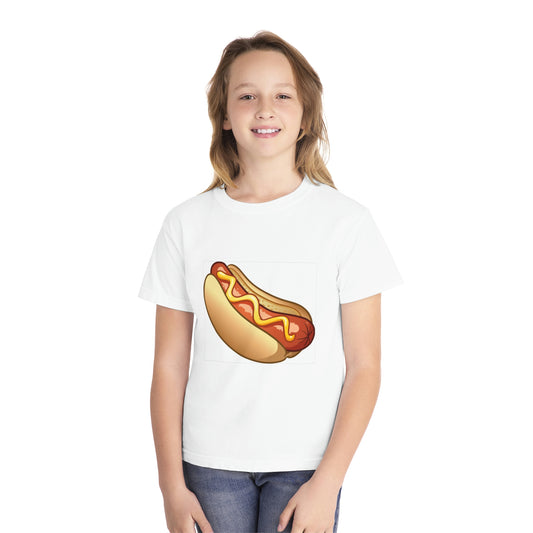 Hotdog. Youth Midweight T-shirt. Sizes: Small through Ex Large. Price: $34.00. Custom Artwork. Unique Whimsical Flare. Vivid Colors. Soft against byour skin. Comfortable to wear every day of the week. Comfortable to go traveling, shopping, hiking, park, school and grandma's house.