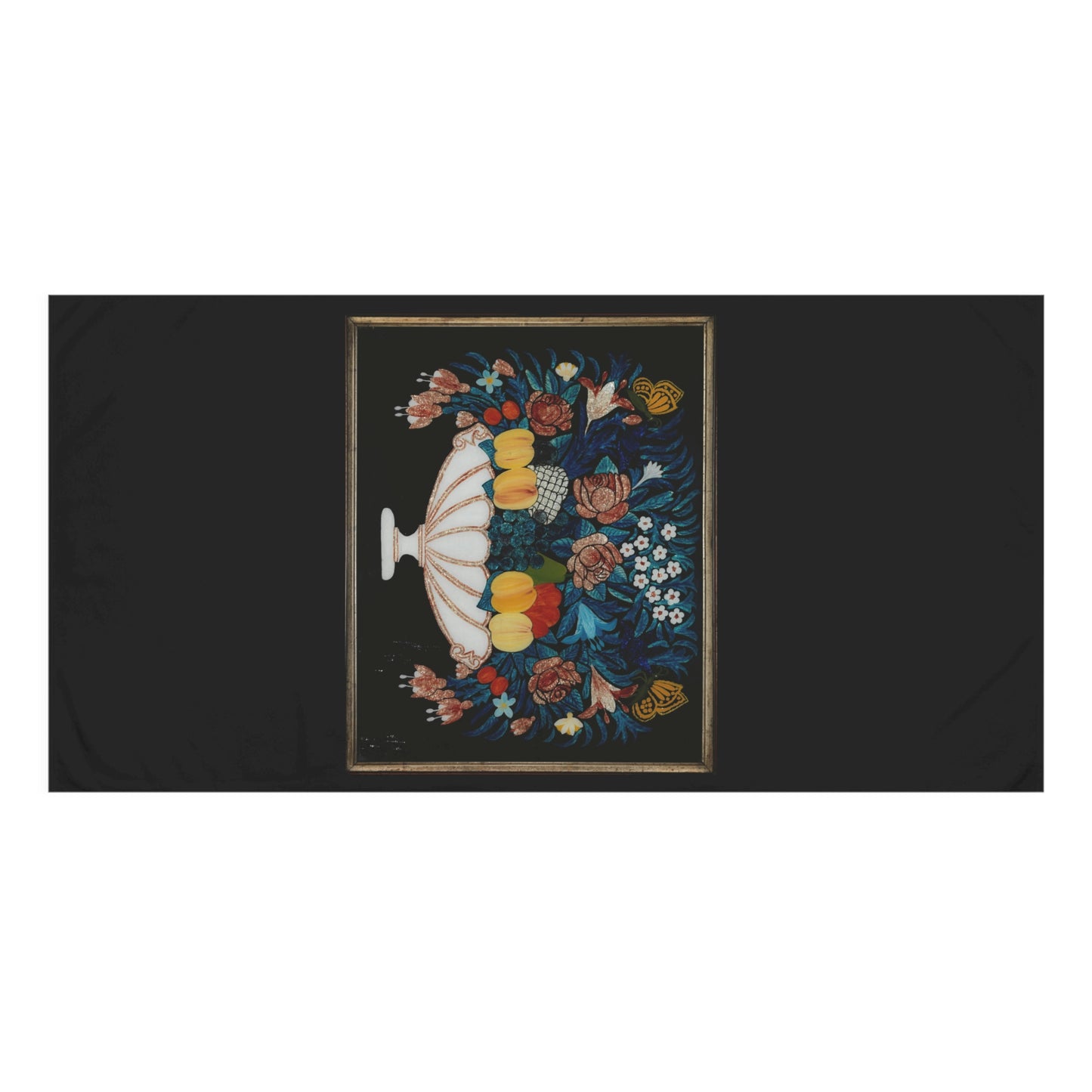 Toalla de baño con fondo negro de frutas, impecable