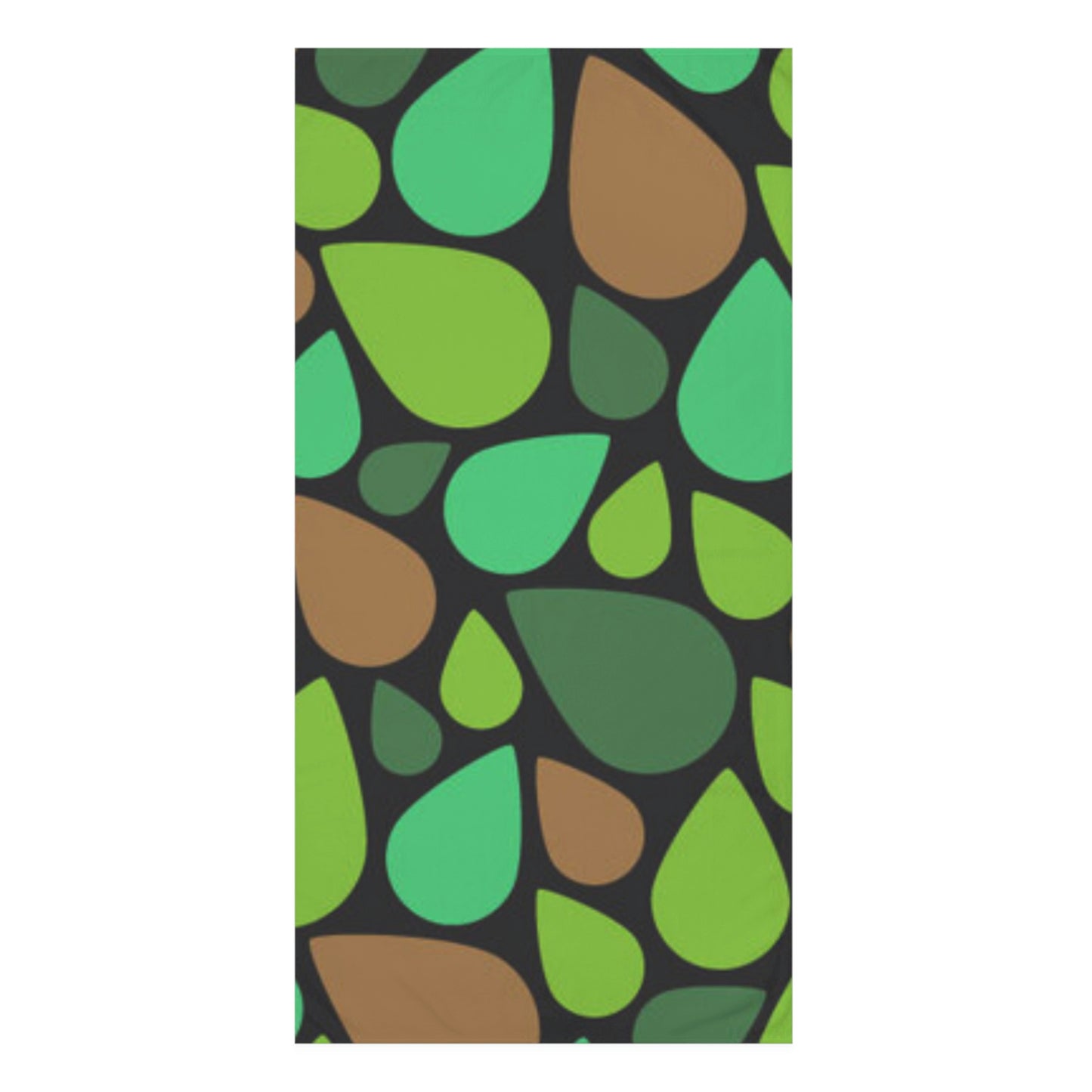 Green and Brown Teardrops. Bath Towel. Custom Artwork. Unique Whimsical Flare. Vivid Colors. Soft against your skin. Great to use to clean up spills in the kitchen, dry your hands, dry the dishes and use for a place mat.