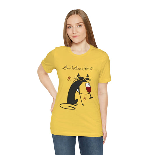 T-shirt « J'adore ce truc, chat noir qui boit du vin »