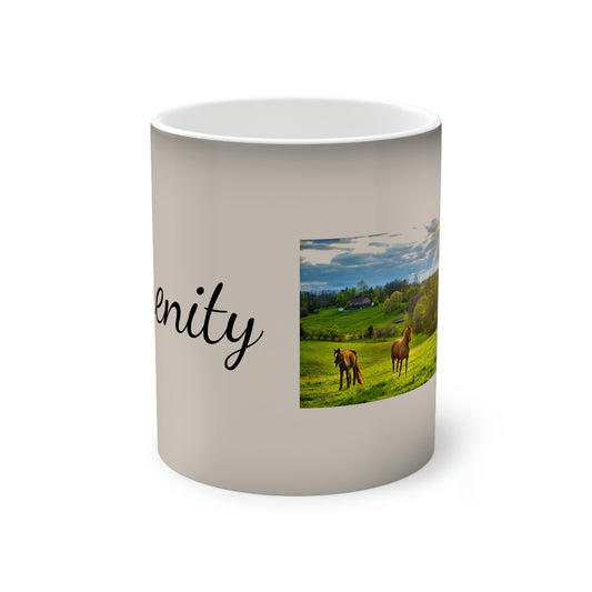 Serenity Horses Countryside. Color-Changing Mug 11 oz Hand Wash Only, Not Suitable for Micowaving. Fill yor Mug with Hot Coffee, Sweet Tea., Water, Soda, Juice, Milk, Soup, Noodles, or Peach Cobbler. Relaxing the day away. Having Fun!