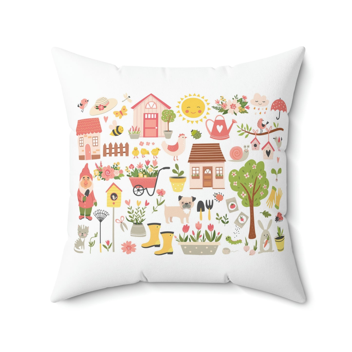 Garden. Square Pillow. Custom Artwork. Unique Whimsical Flare. Vivid Colors. Great for your home and business. Looks great each room. Adding a splash of color. Soft against your skin and back. Make a Birthday Gift or just because.