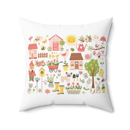 Garden. Square Pillow. Custom Artwork. Unique Whimsical Flare. Vivid Colors. Great for your home and business. Looks great each room. Adding a splash of color. Soft against your skin and back. Make a Birthday Gift or just because.
