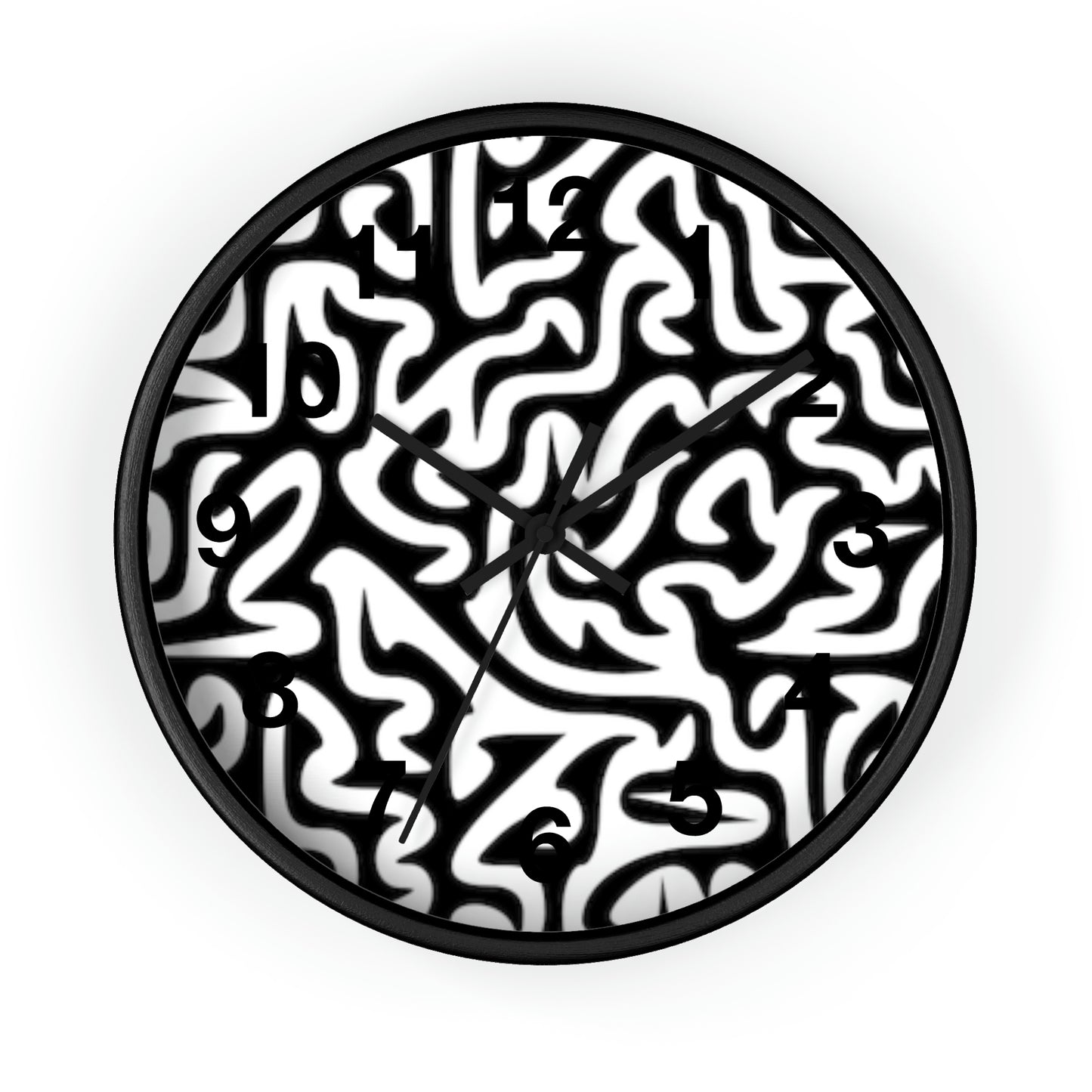 Maze Black and White. Wall Clock. Size: 10". Price: $58.00. Custom Artwork. Unique Whimsical Flare. Vivid Colors. Looks great in your home and business. Each room will  have a Splash of Color. Makes a fabulous Gift!