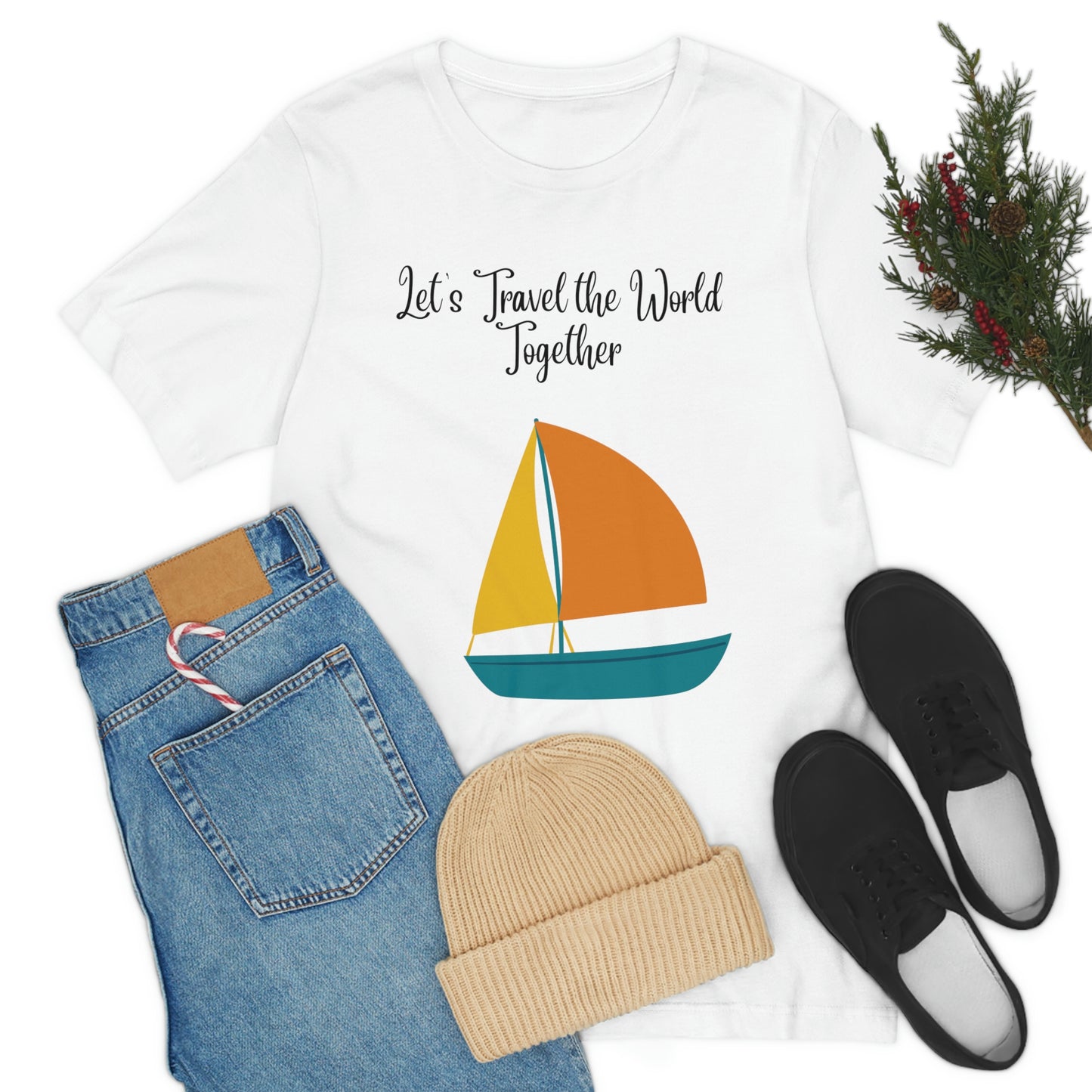 T-shirt unisexe à manches courtes en jersey « Parcourons le monde ensemble » Amusant, amusant, amusant !