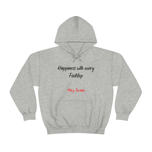 Happiness with every Footstep Mary Jordan. Unisex Heavy Blend Hooded Sweatshirt. Custom Artwork. Unique Whimsical Flare. Vivid Colors. Great for Men, Women and Children. Soft against your skin. May help you to keep warm. Great to wear while Traveling, Work, School, Hiking, Shopping, Relaxing and Museums. Having Fun All Day Long!