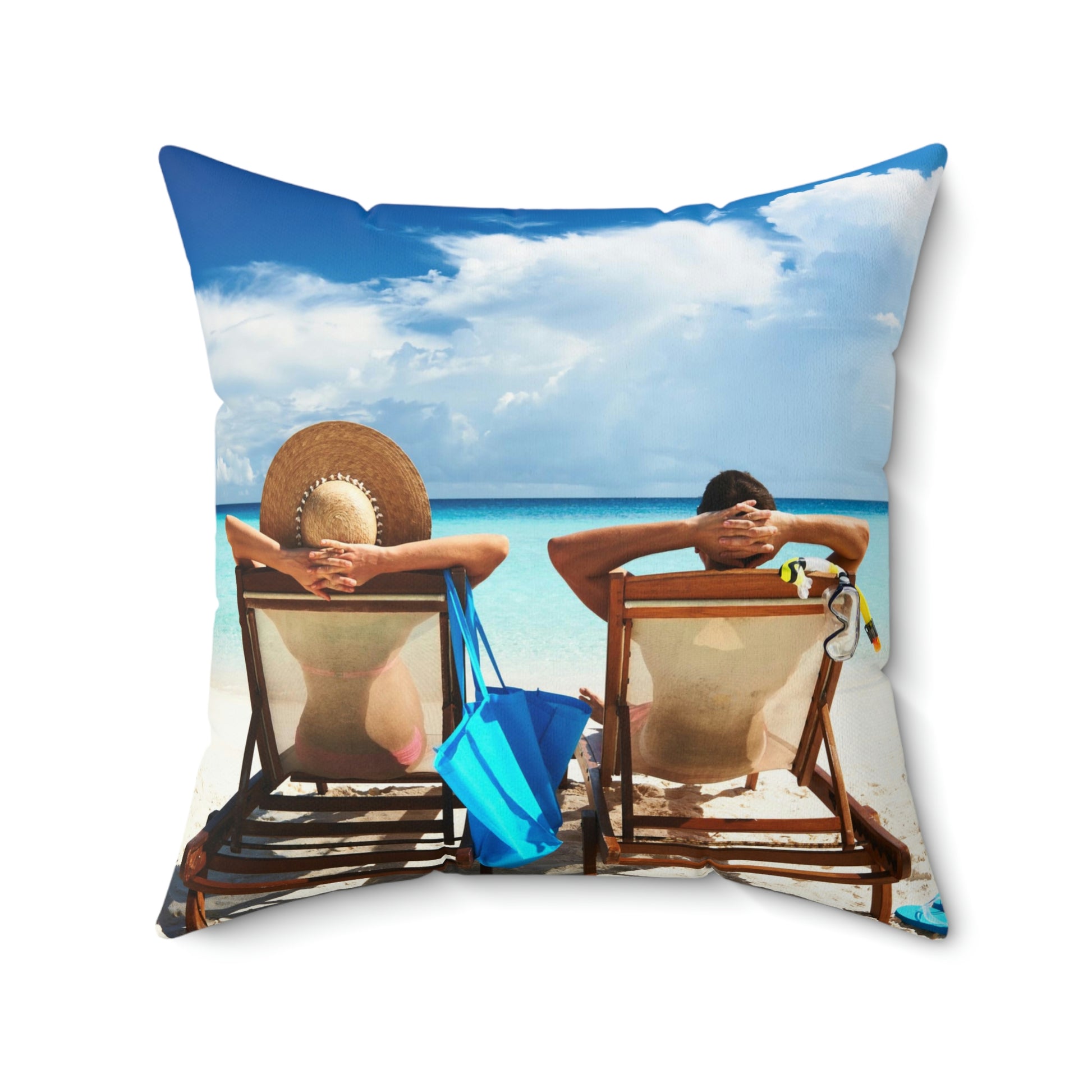 Relaxing at the Beach. Square Pillow. Custom Artwork. Unique Whimsical Flare. Vivid Colors. Soft against your skin. Great for your Home or Business.  Very Decorative and Comfortable. Adding a Splash of Color. Great for Traveling, Work, Relaxing, Children or Pets.