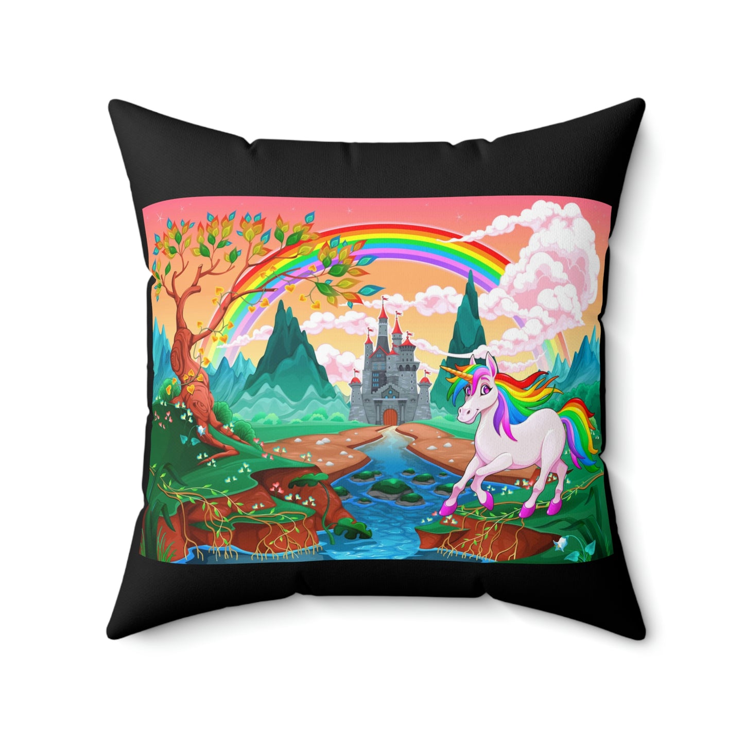 Unicorn with a rainbow and castle.  Custom Artwork. Unique Whimsical Flare. Vivid Colors. Great for your home and business. Looks great in every room . Soft against your skin and back.  Marvelous gift for a Birthday Party!