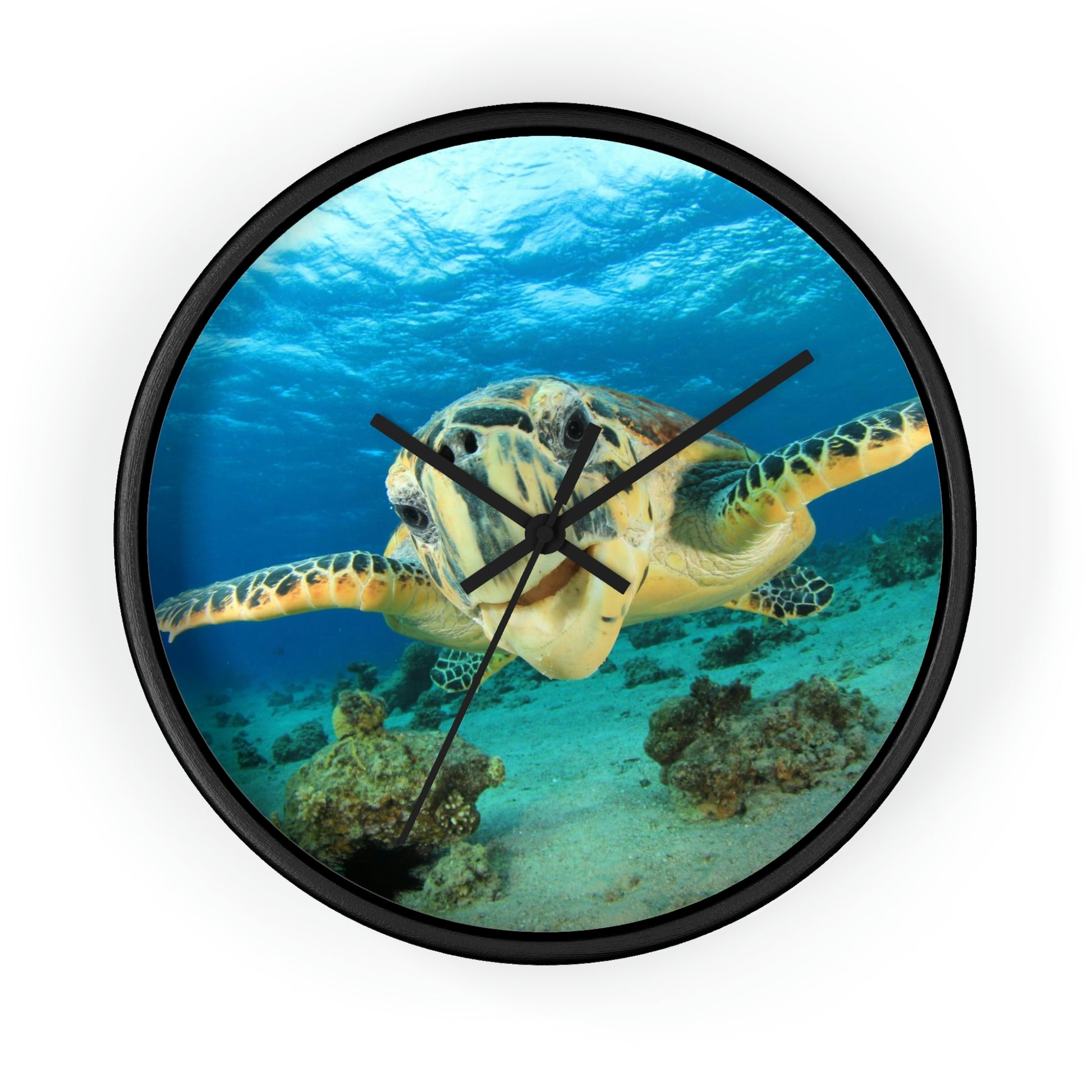 Turtle in Ocean. Wall Clock. Custom Artwork. Unique Whimsical Flare. Vivid Colors. Great to have in every room of your home and business. Looks Fabulous on the wall, definitely with a splash of color. Such a Wonderful Gift!
