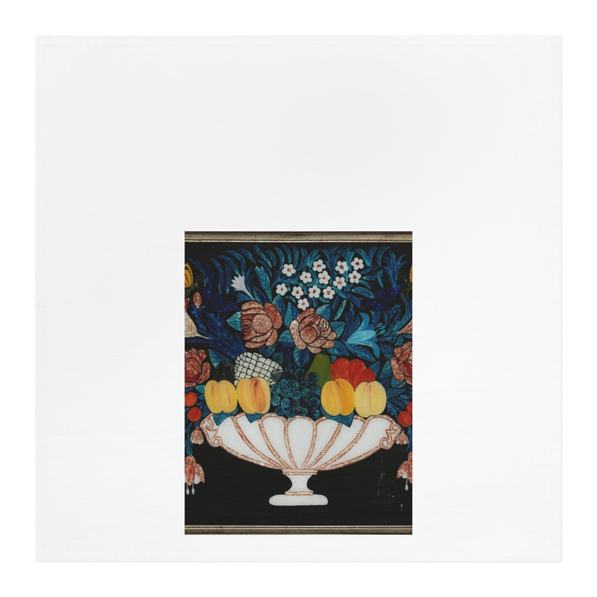 Fruit on a black background. Kitchen Towel. Custom Artwork. Unique Whimsical Flare. Vivid Colors. Great to clean up spills in the kitchen, drying your hands, drying the dishes and using as a place mat.