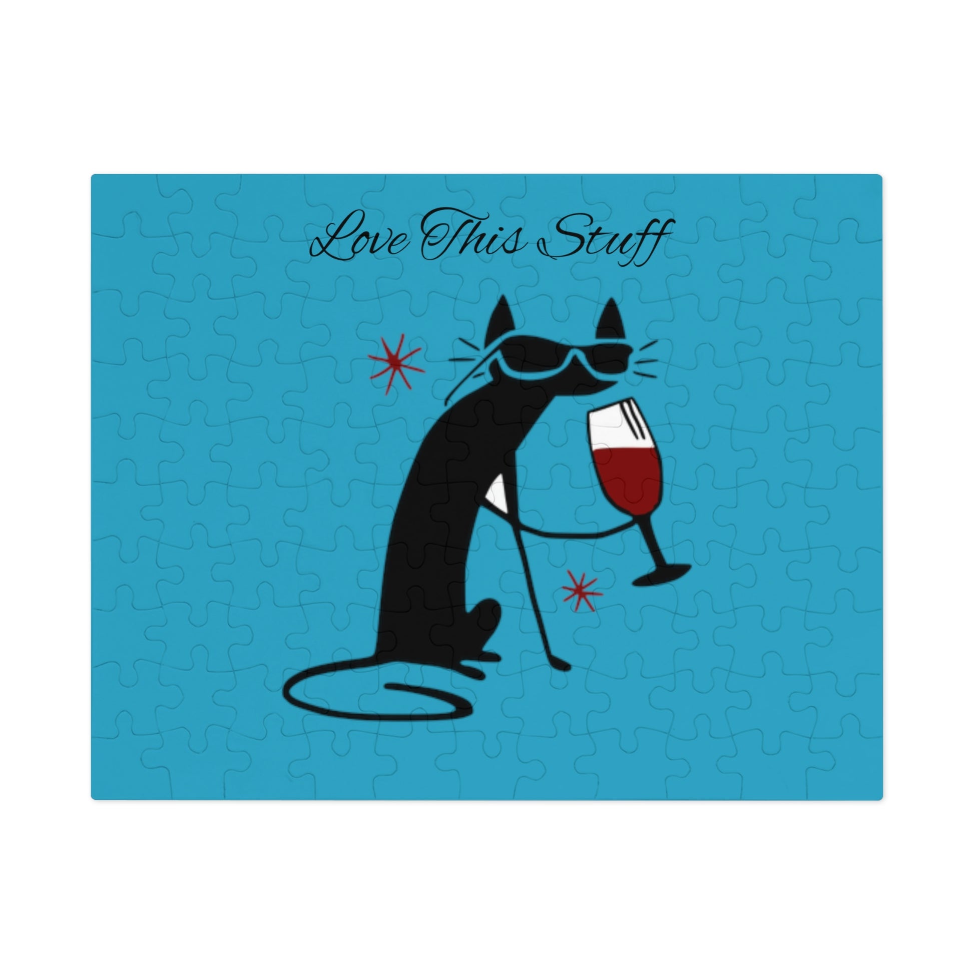Black Cat Drinking Wine. Love This Stuff. Custom Artwork. Unique Whimsical Flare. Vivid Colors. Great to play with family and friends. Having Fun all day long!