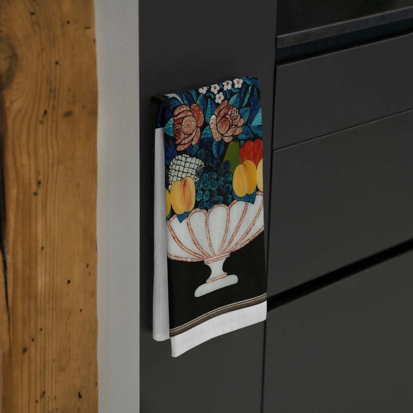 Fruit on a Black Background Kitchen Towel Love Cooking!