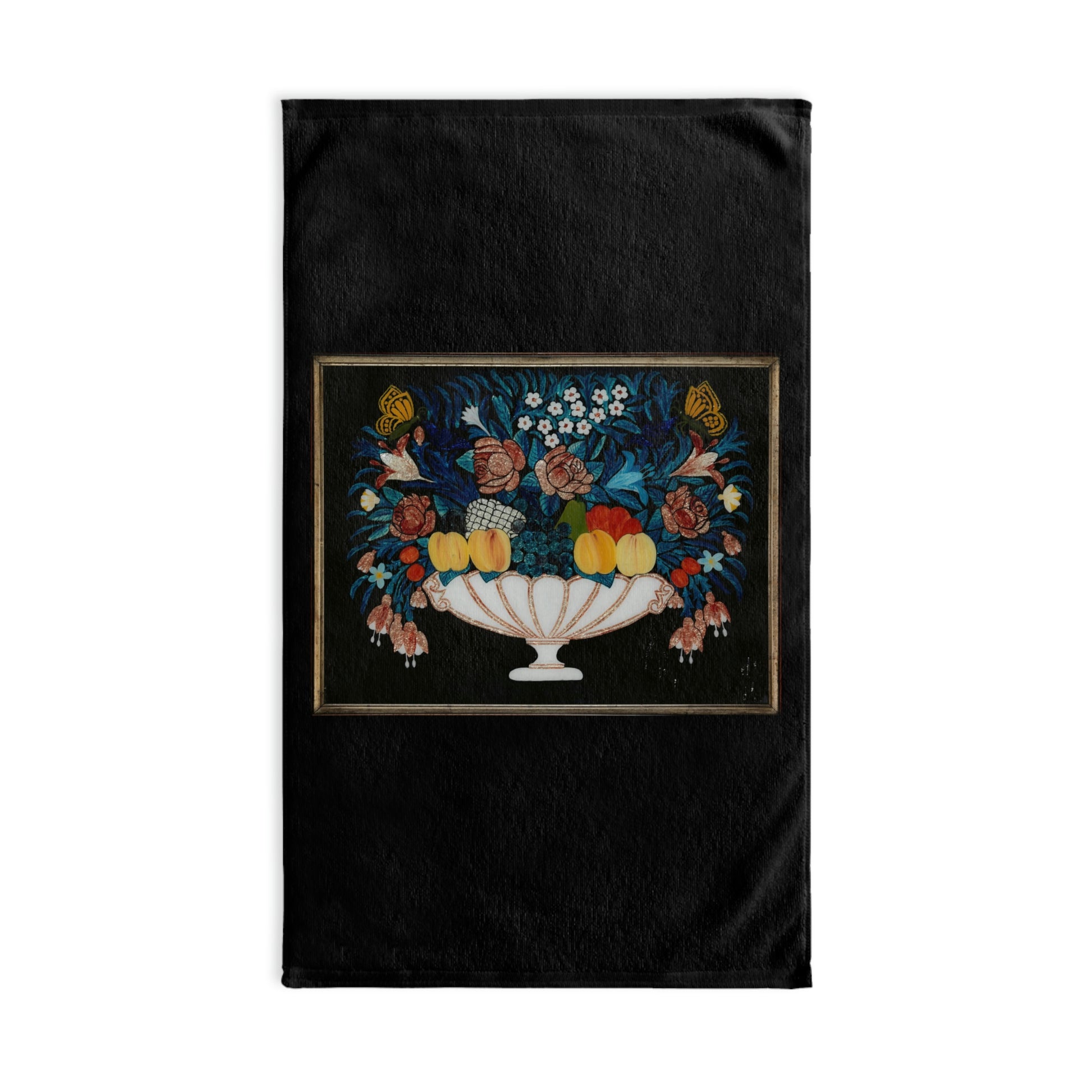 Fruit on a black background. Hand Towel. Custom Artwork.  Unique Whimsical Flare. Vivid Colors. Great for every bathroom in your home and business. Soft against your skin. Towel off after a bubble bath or shower. Now you are squeaky Clean!
